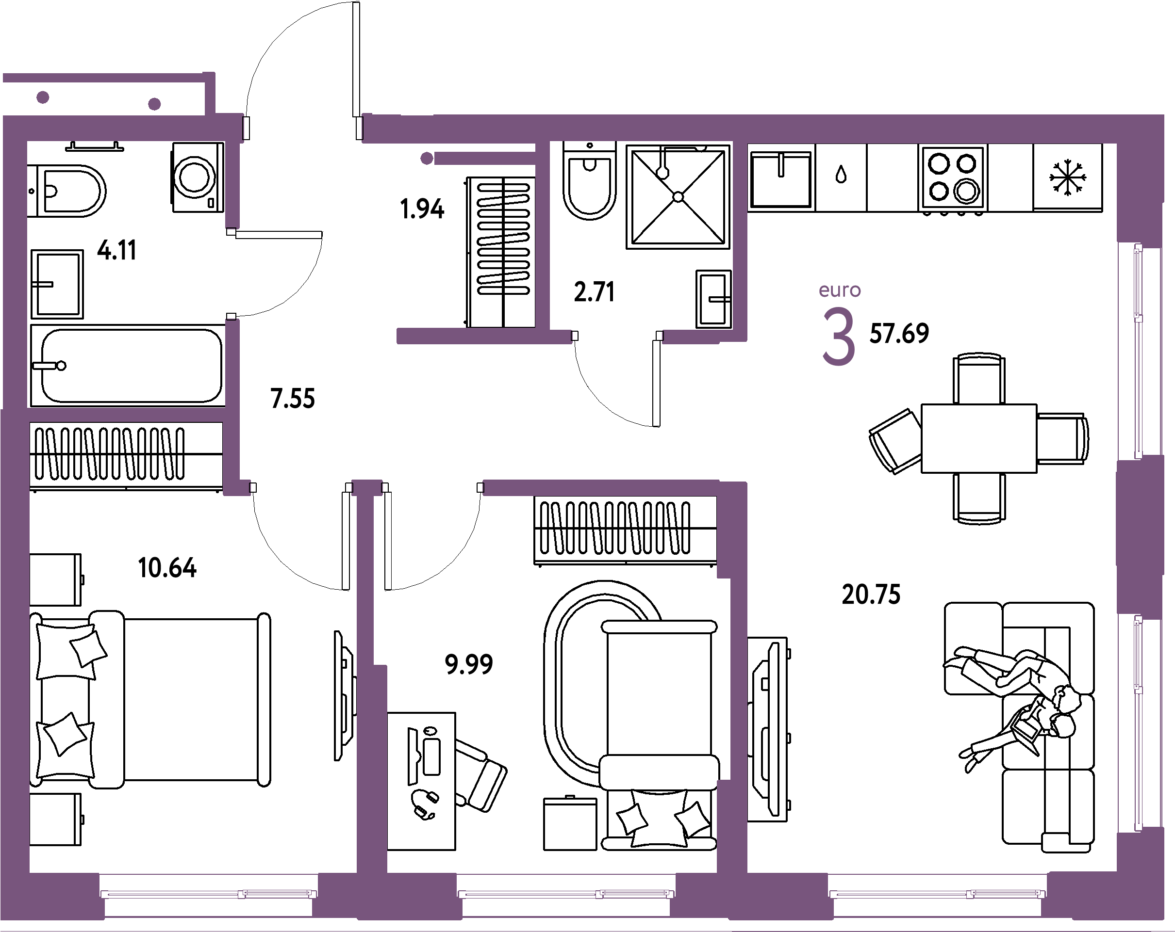 ЖК "Домашний"-3-комнатная 57.69 м²