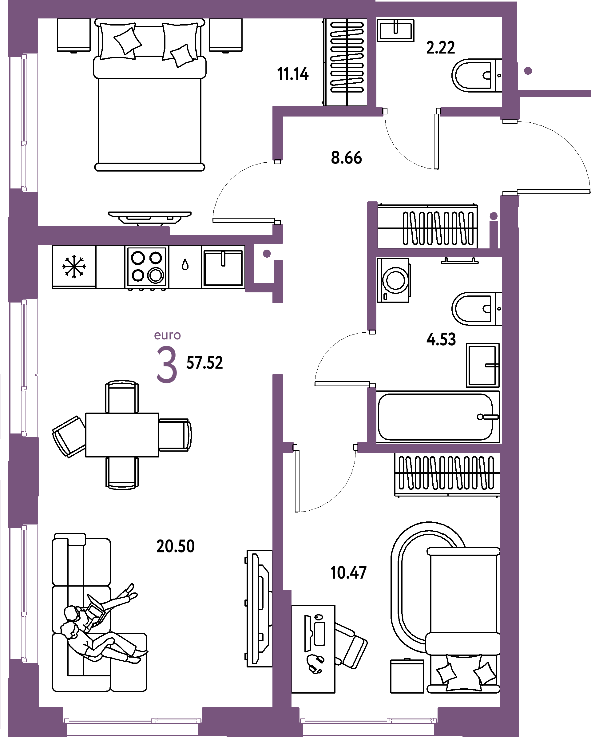 Купить 3-комнатную квартиру 57.52м², этаж №8 кв №77 в ЖК 