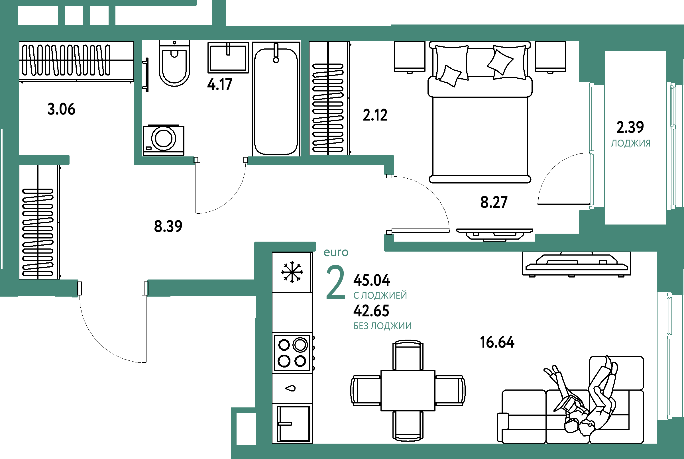 Купить 2-комнатную квартиру 45.04м², этаж №9 кв №83 в ЖК 