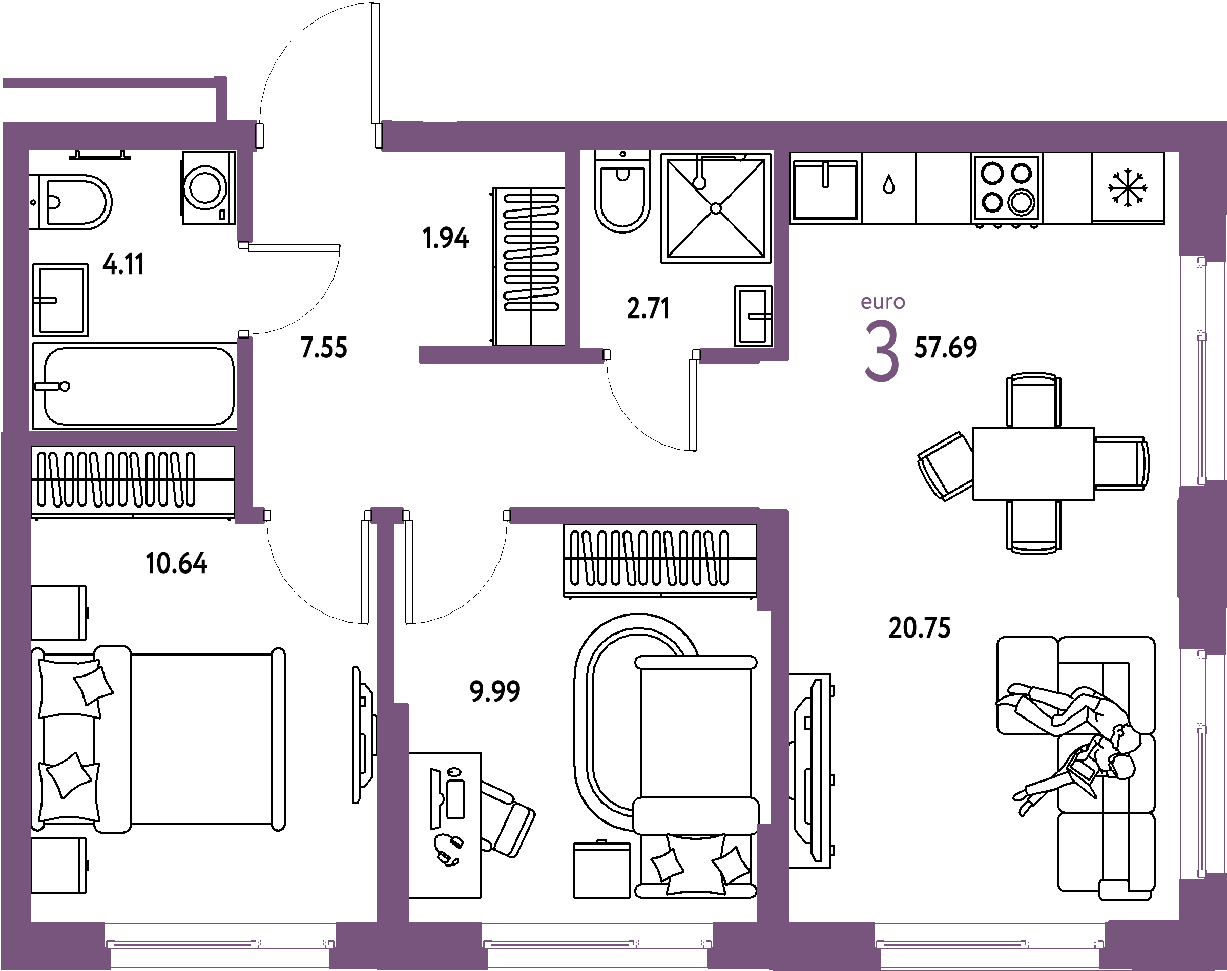ЖК "Домашний"-3-комнатная 57.69 м²