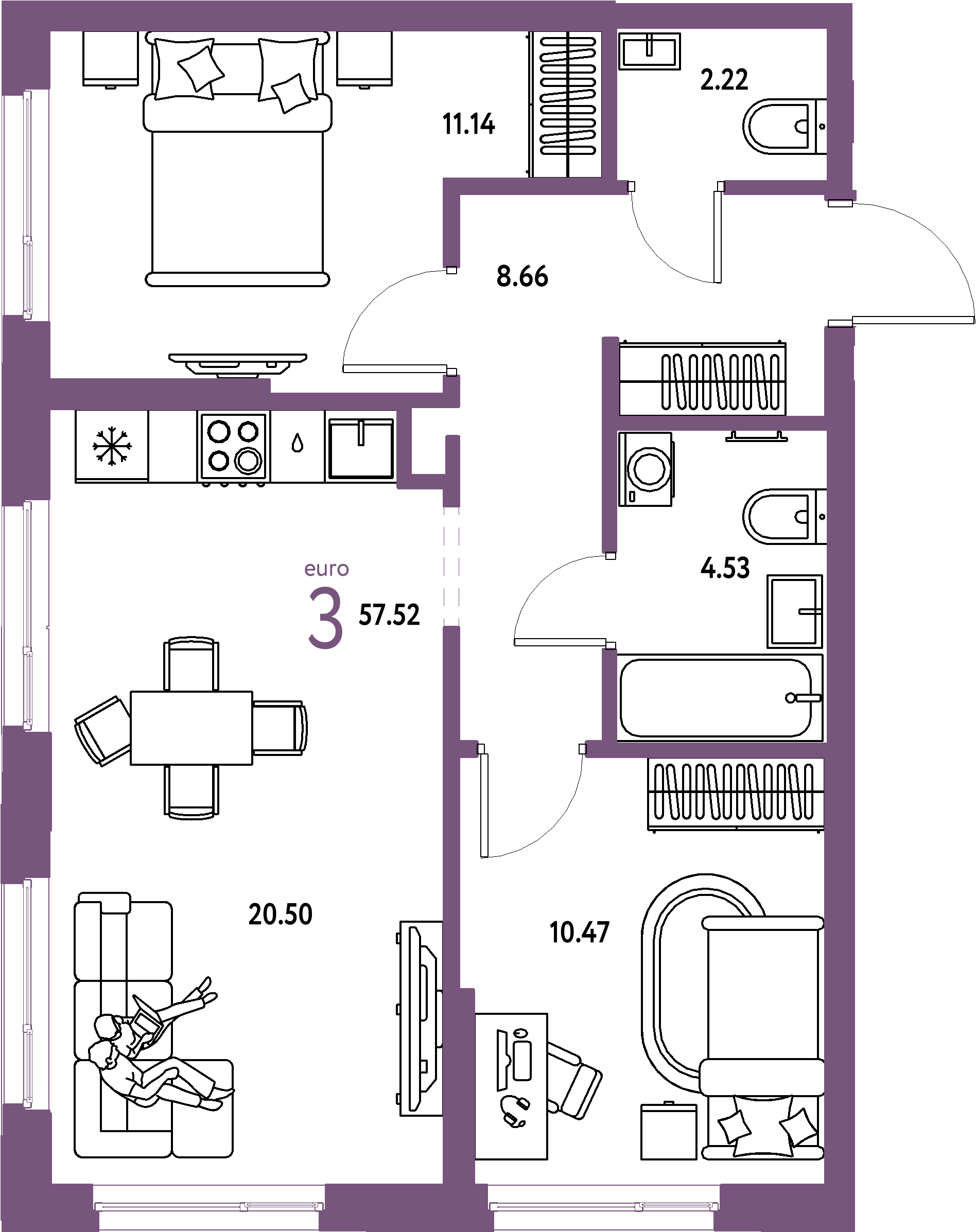 Купить 3-комнатную квартиру 57.52м², этаж №9 кв №88 в ЖК 