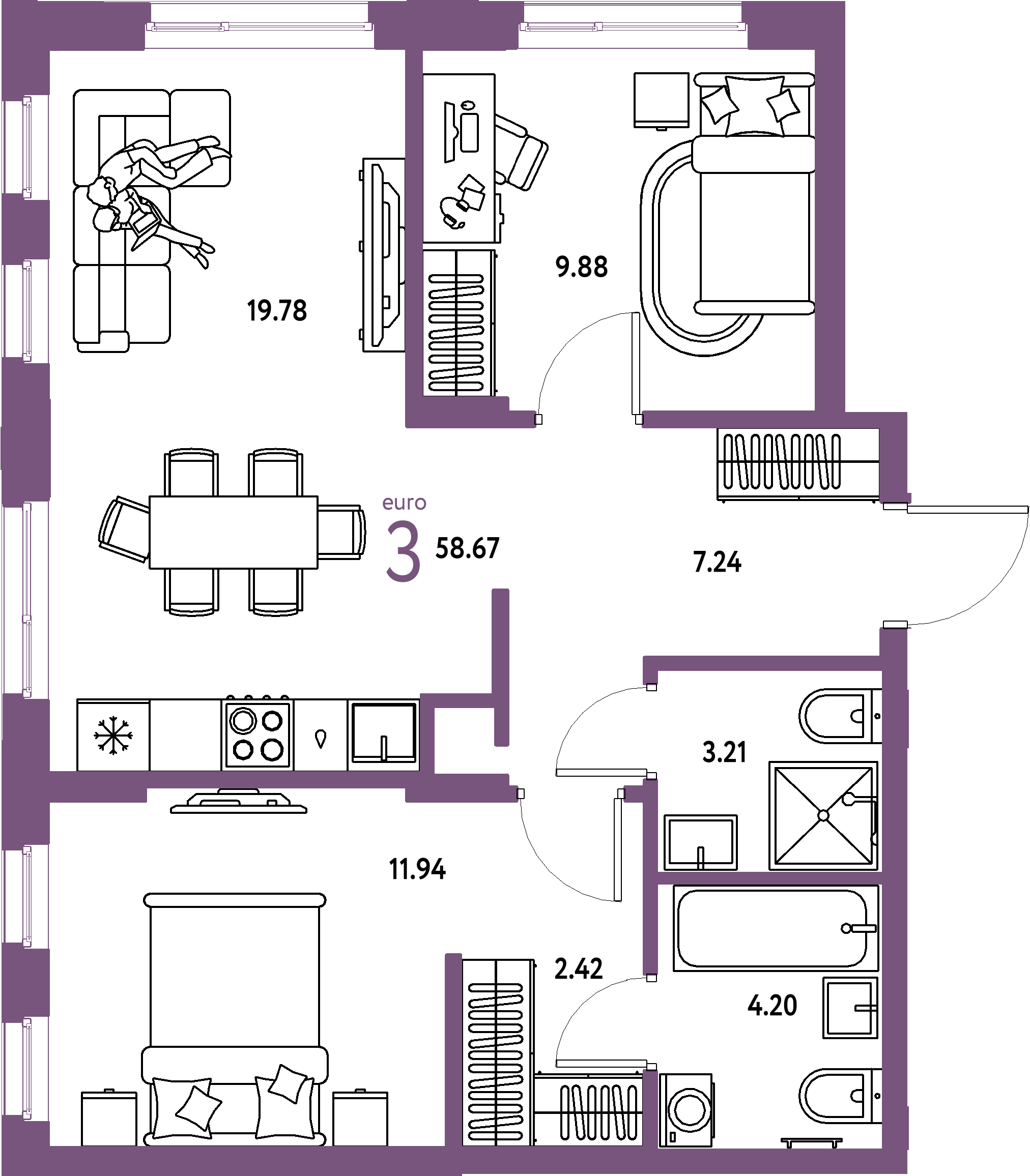 Купить 3-комнатную квартиру 58.67м², этаж №10 кв №89 в ЖК 