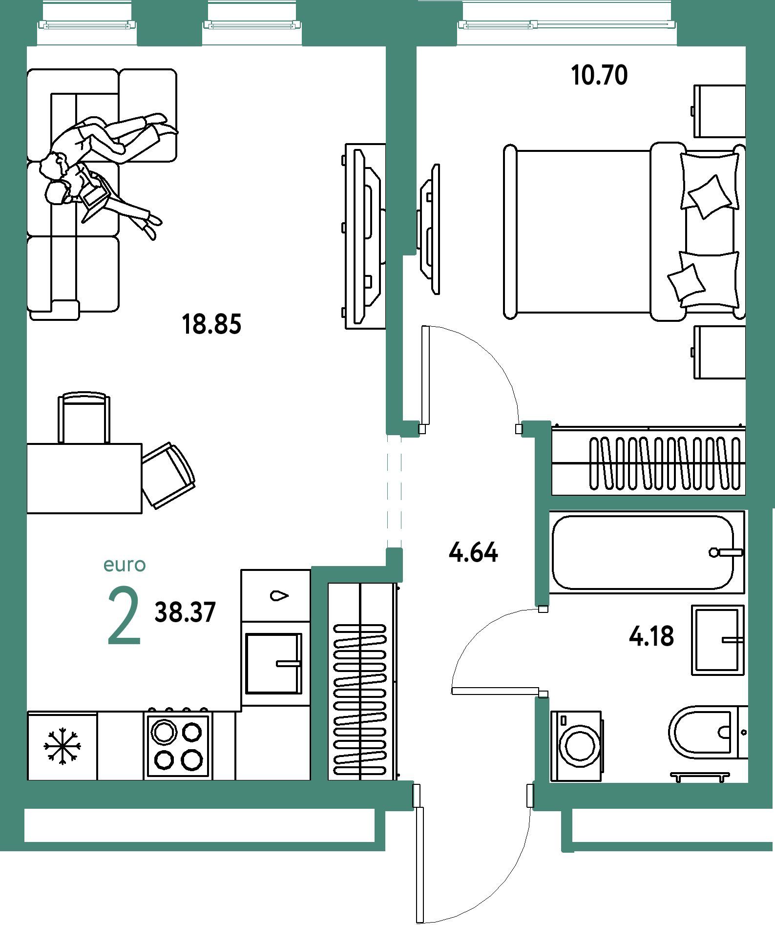 ЖК "Домашний"-2-комнатная 38.37 м²