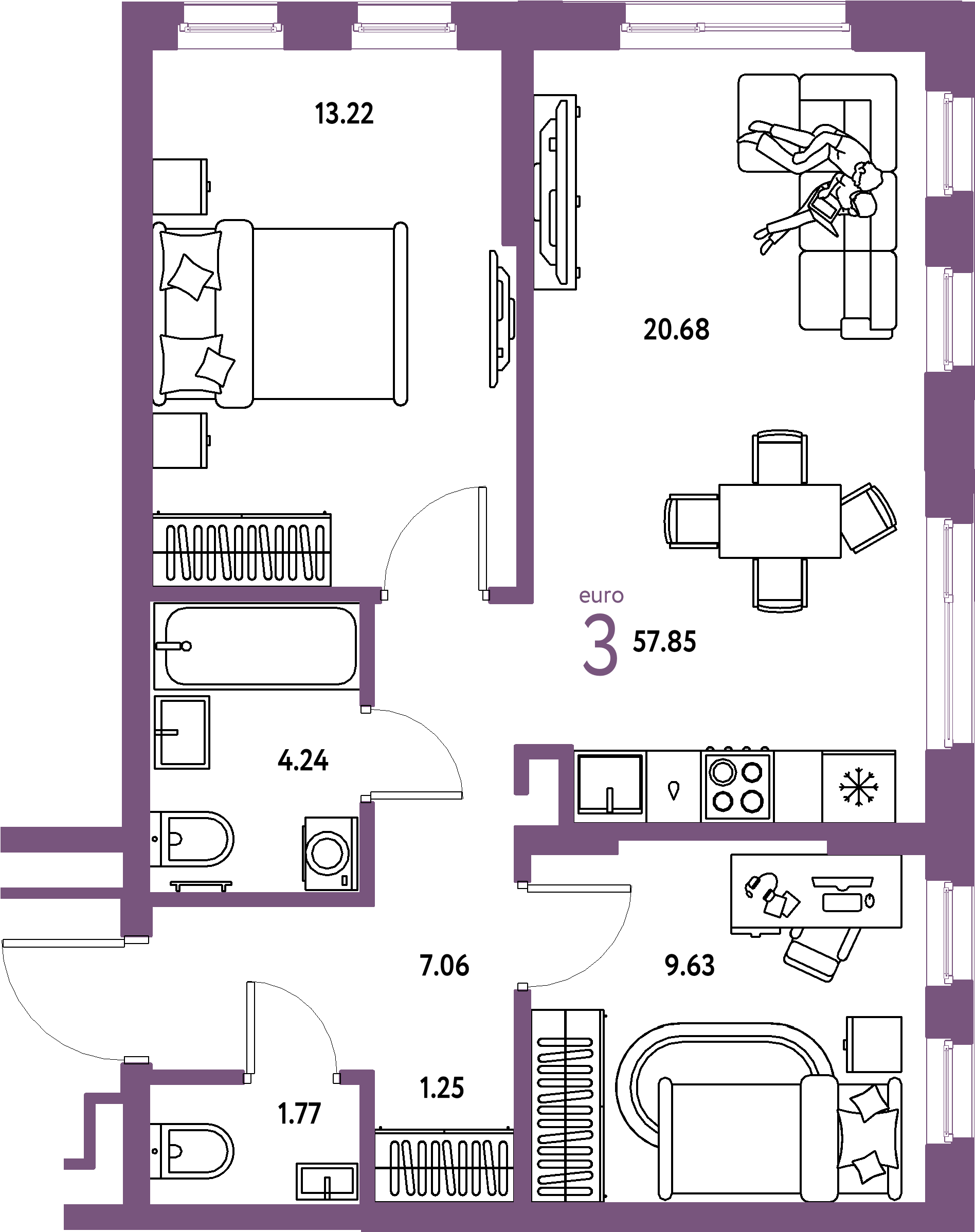 ЖК "Домашний"-3-комнатная 57.85 м²