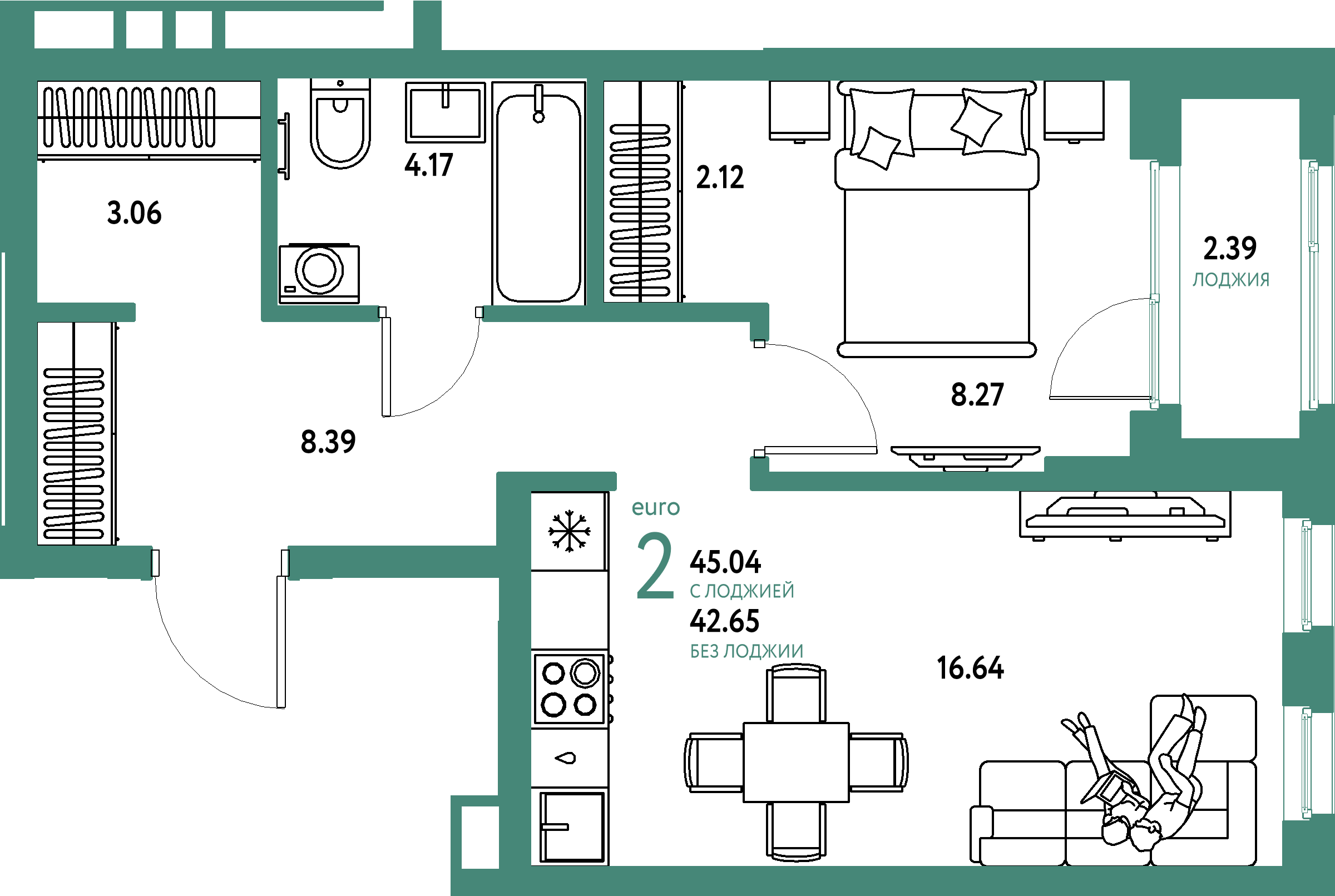 Купить 2-комнатную квартиру 45.04м², этаж №10 кв №94 в ЖК 