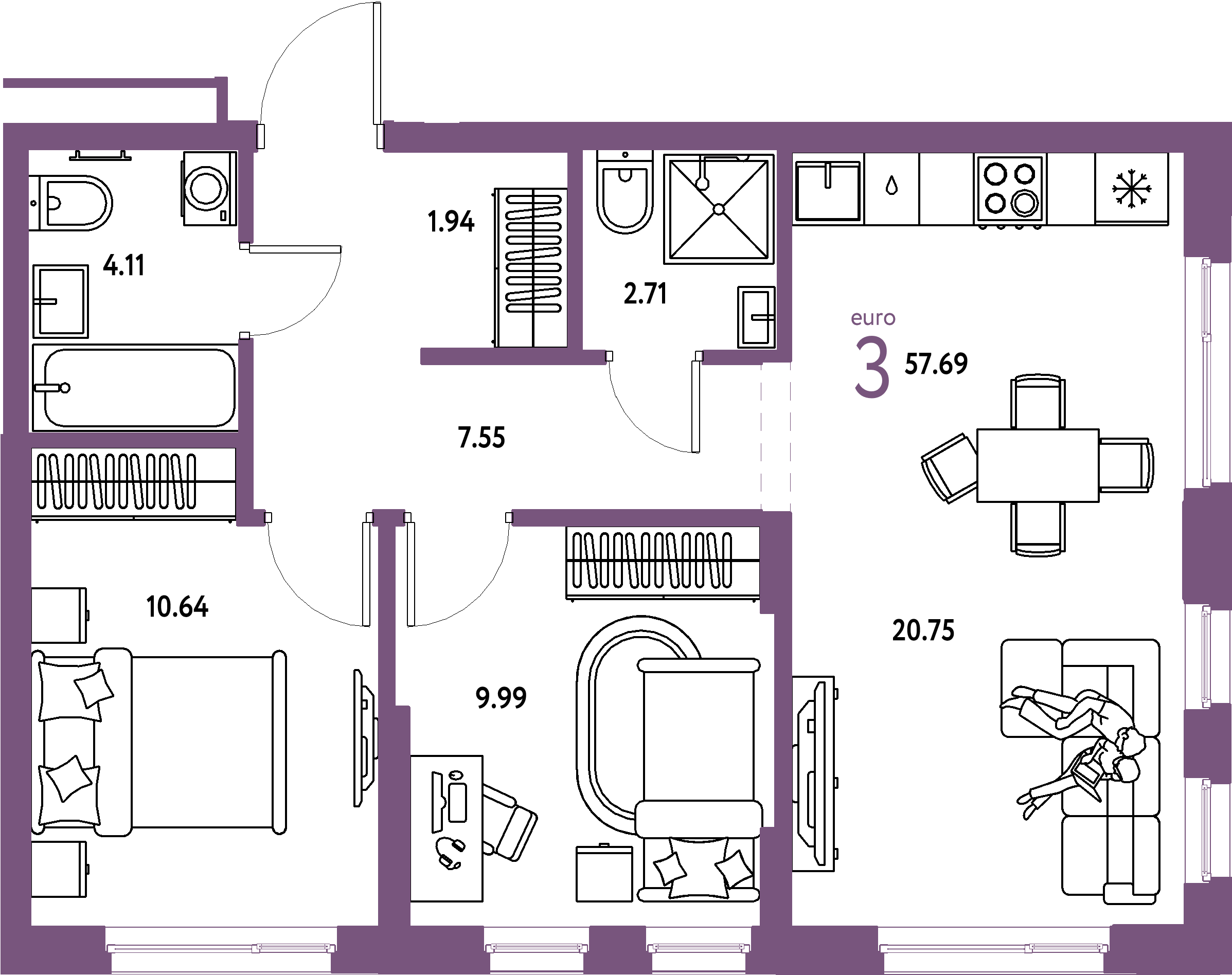 ЖК "Домашний"-3-комнатная 57.69 м²