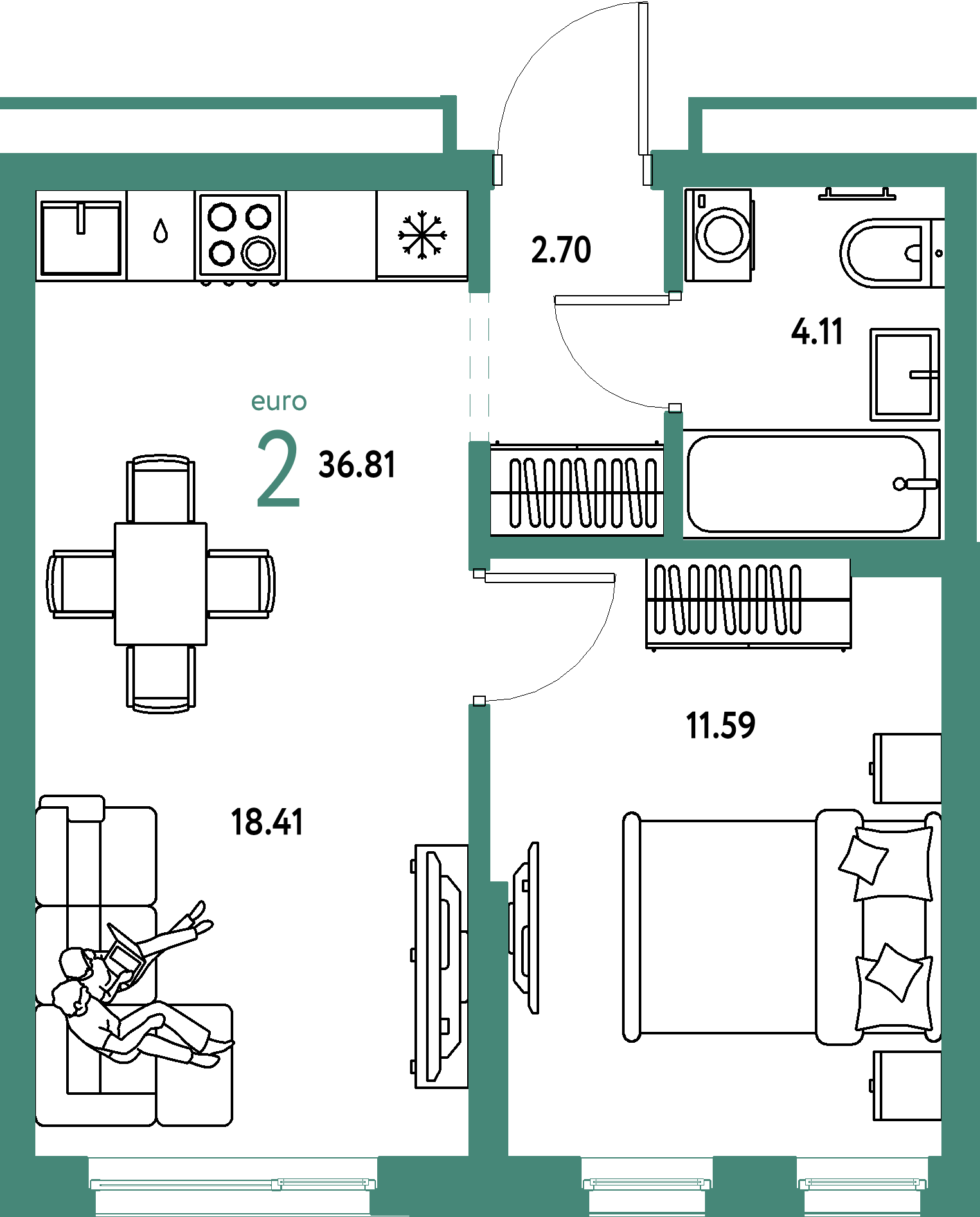 ЖК "Домашний"-2-комнатная 36.81 м²