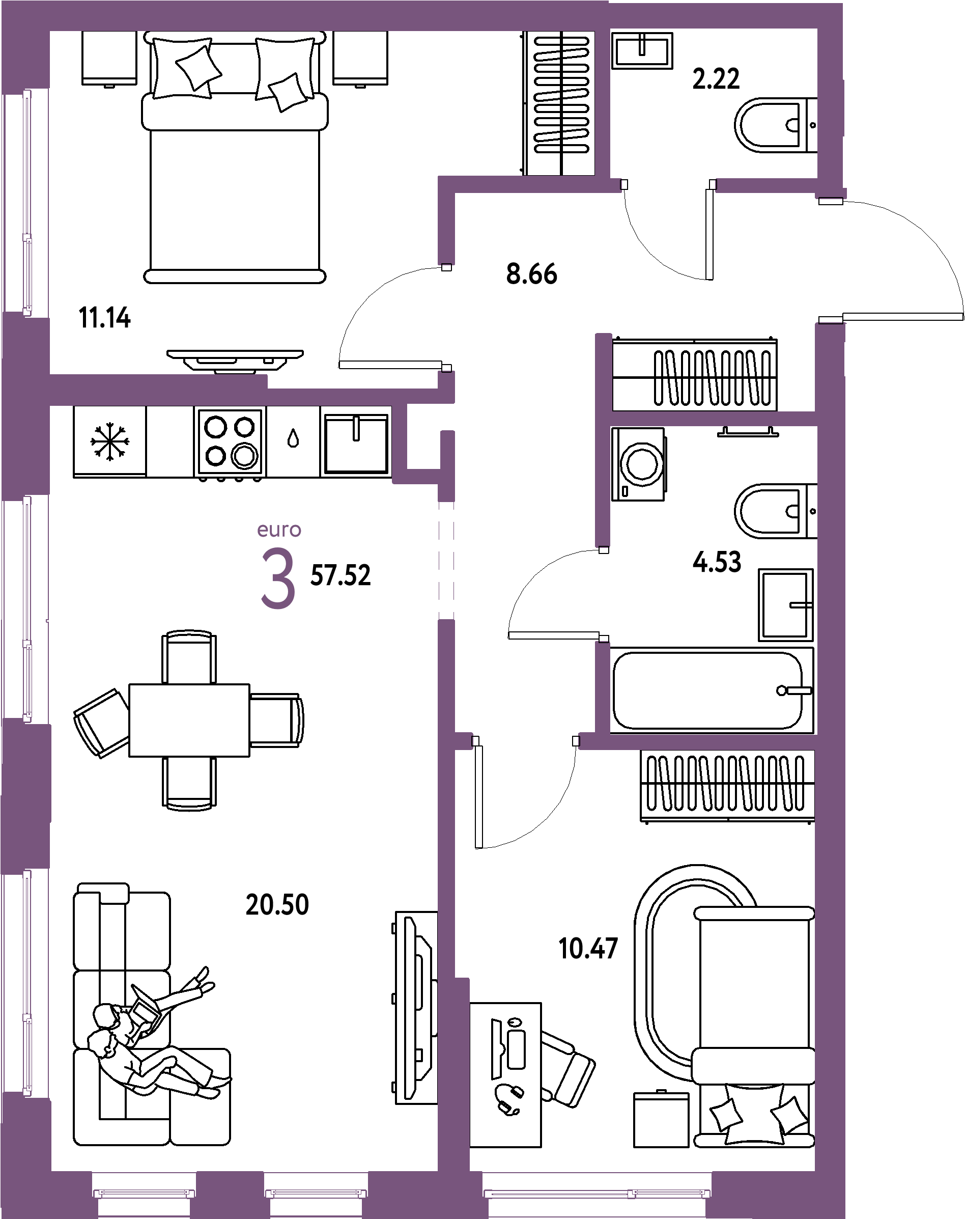 Купить 3-комнатную квартиру 57.52м², этаж №10 кв №99 в ЖК 