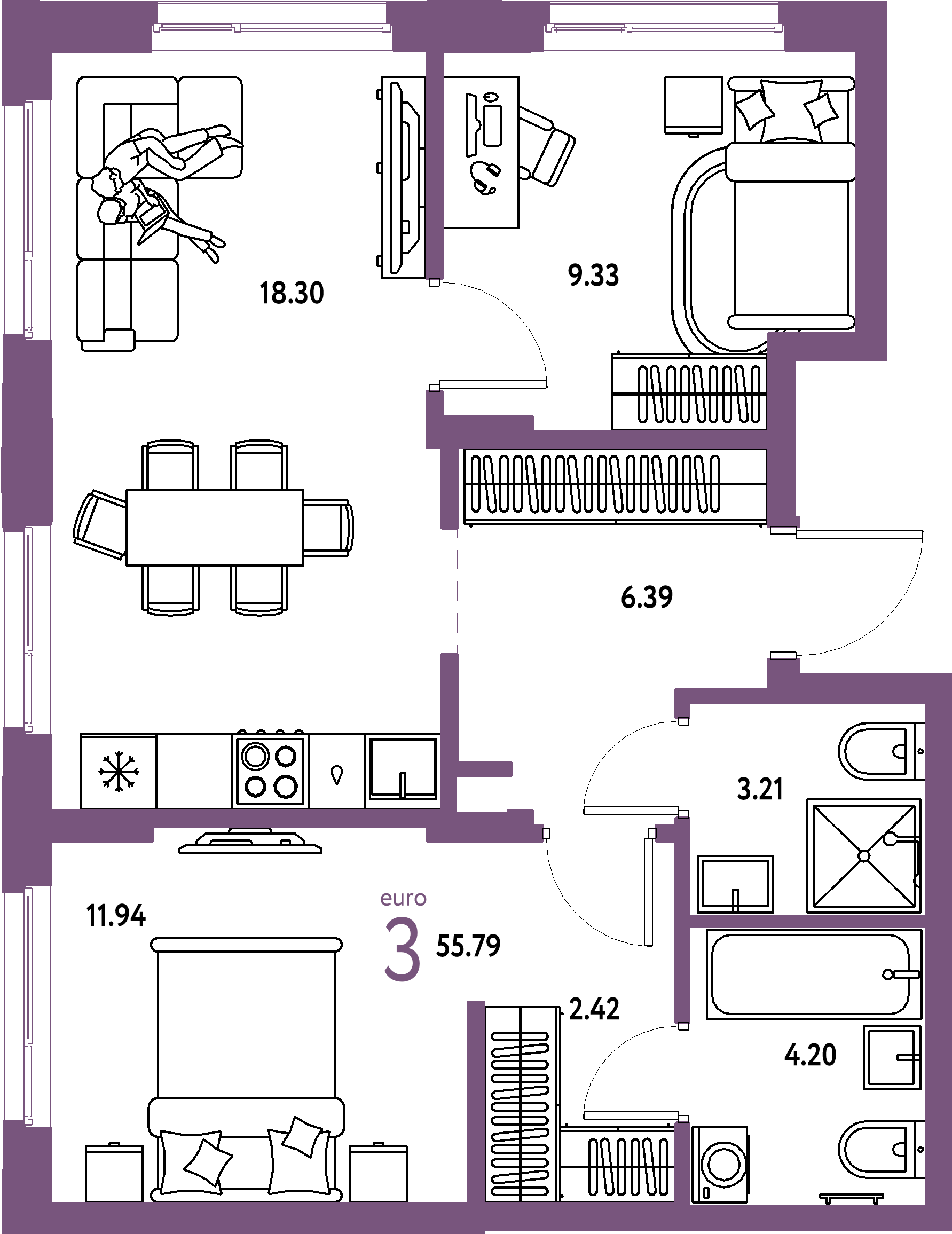 Купить 3-комнатную квартиру 55.79м², этаж №11 кв №100 в ЖК 