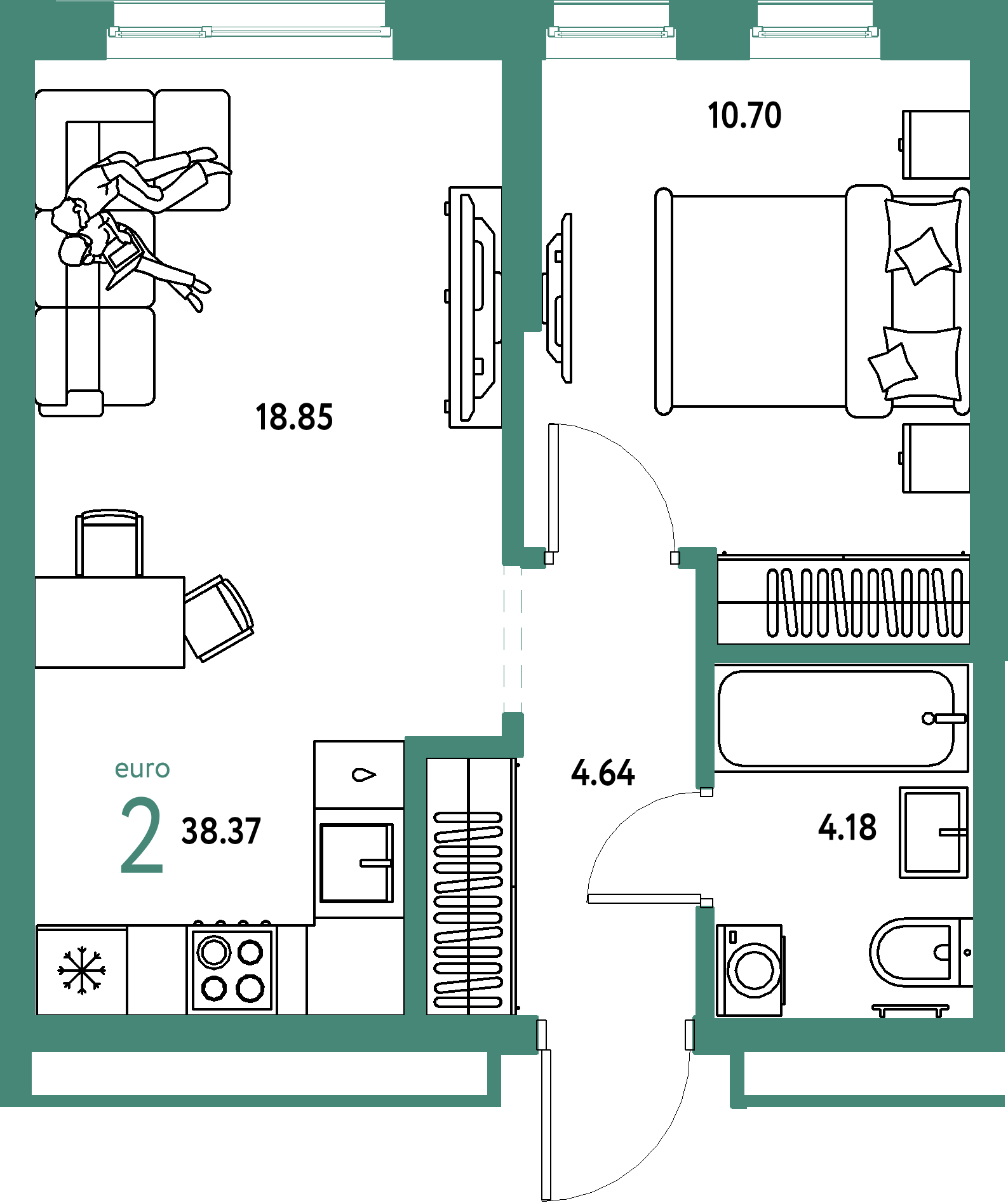 ЖК "Домашний"-2-комнатная 38.37 м²
