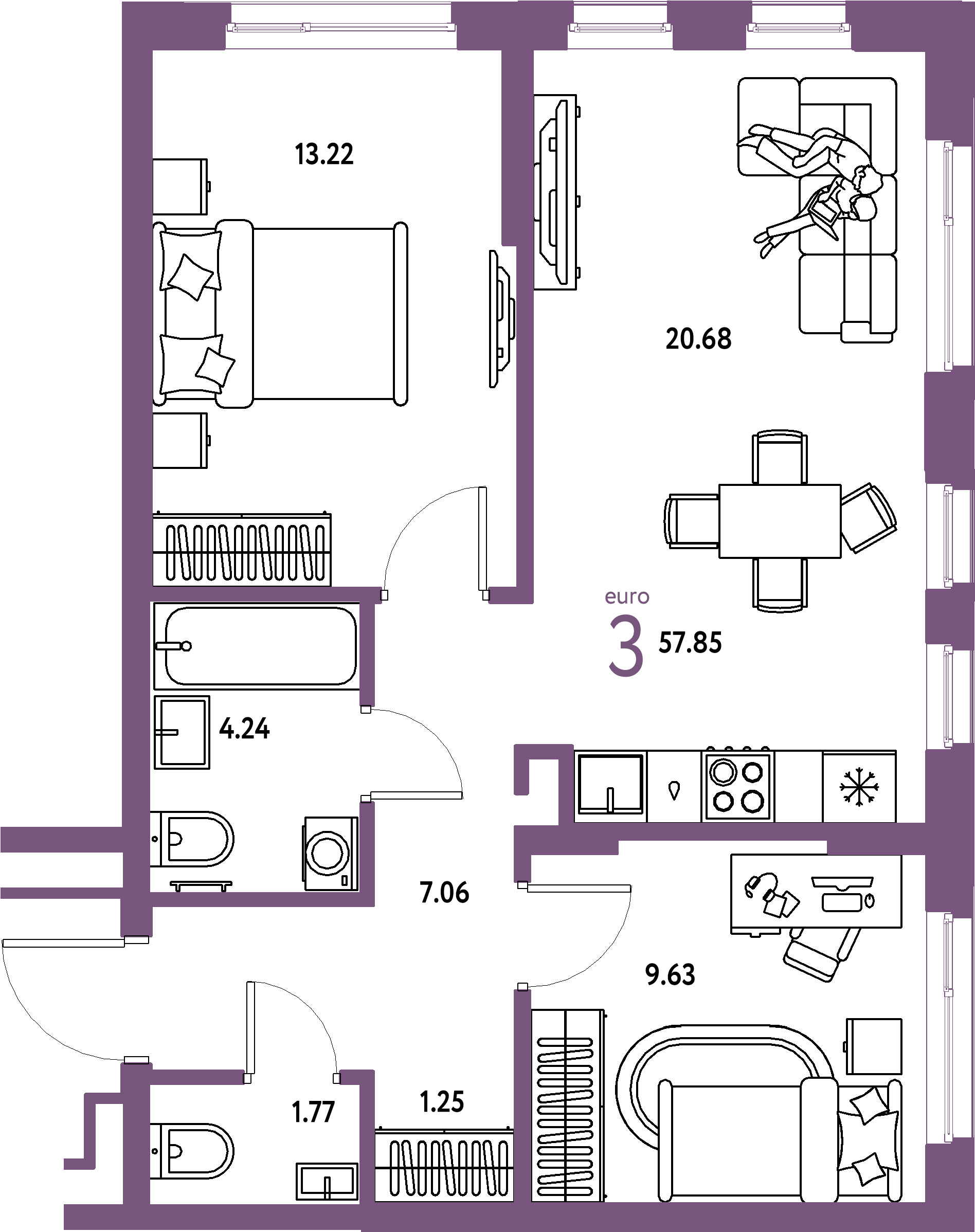 ЖК "Домашний"-3-комнатная 57.85 м²