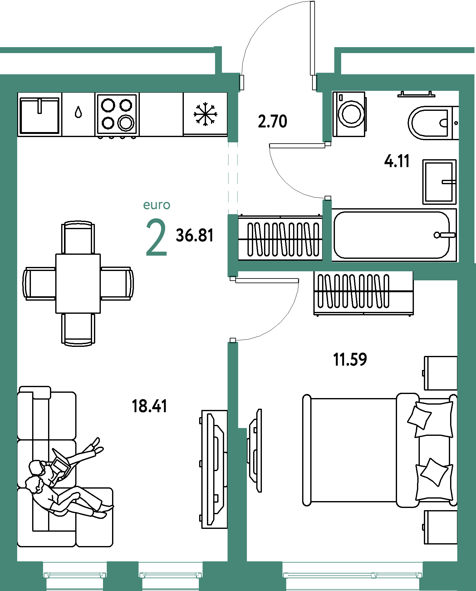 ЖК "Домашний"-2-комнатная 36.81 м²