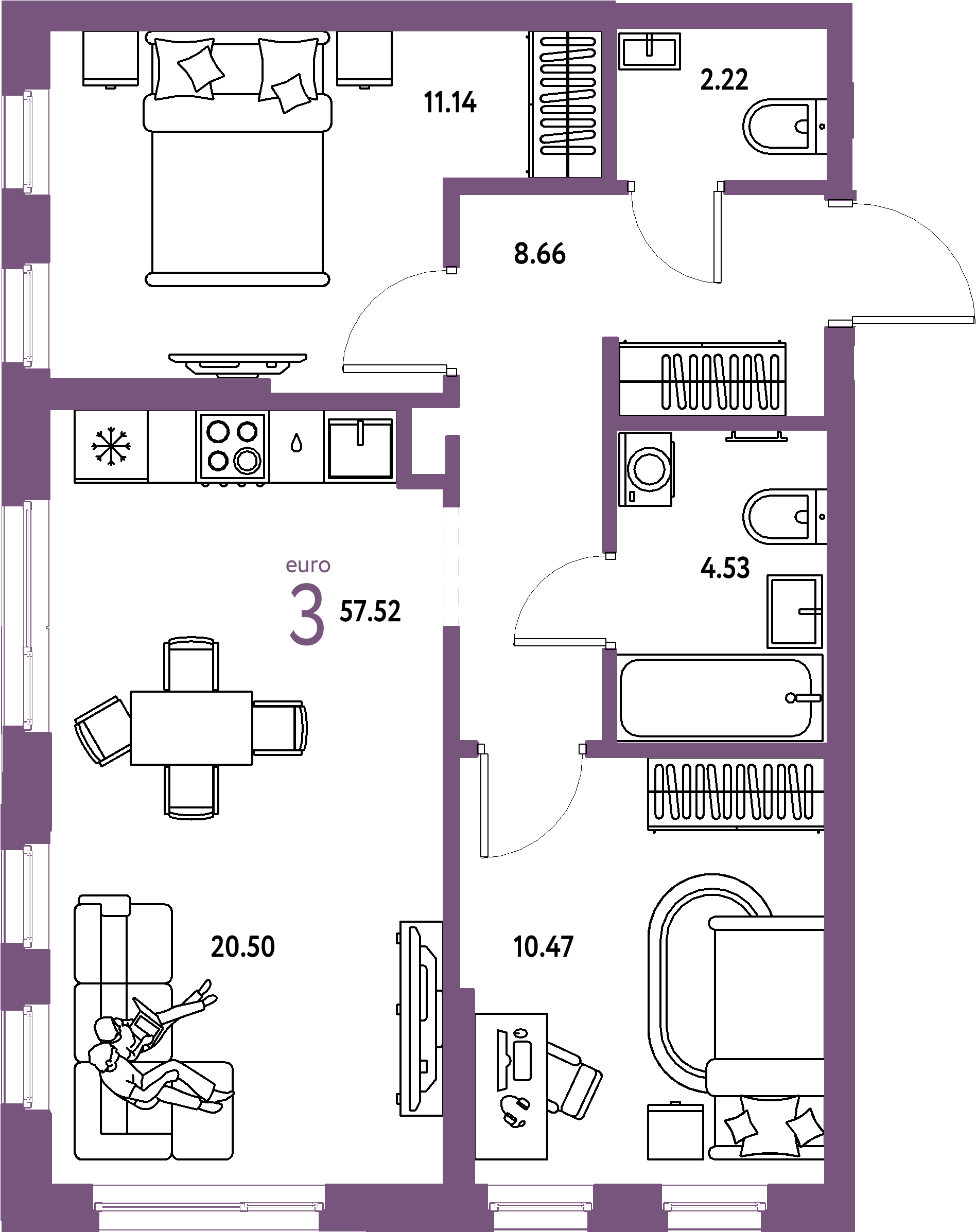 ЖК "Домашний"-3-комнатная 57.52 м²