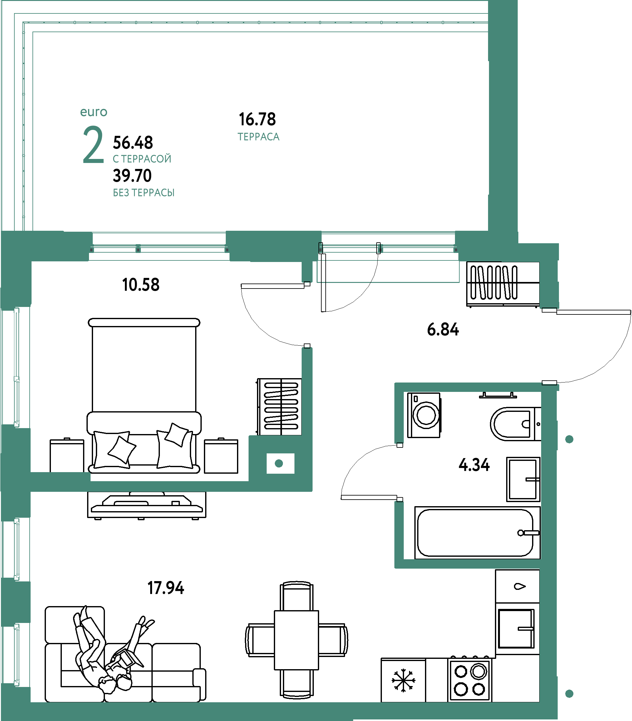 ЖК "Домашний"-2-комнатная 56.48 м²