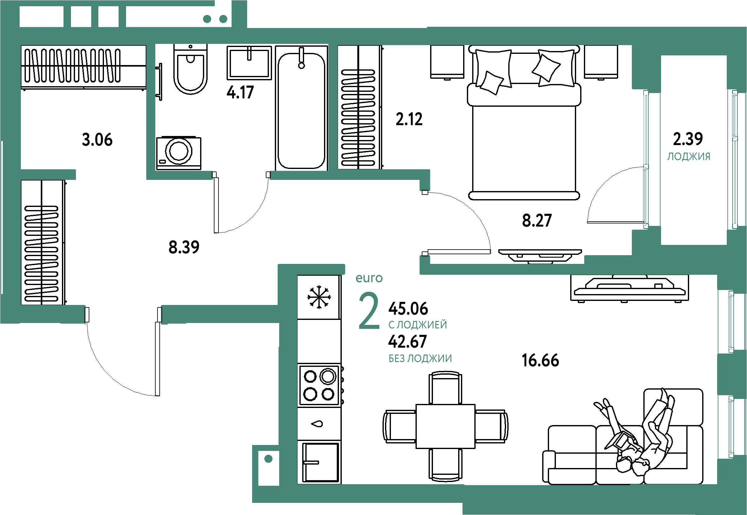 Купить 2-комнатную квартиру 45.06м², этаж №12 кв №116 в ЖК 