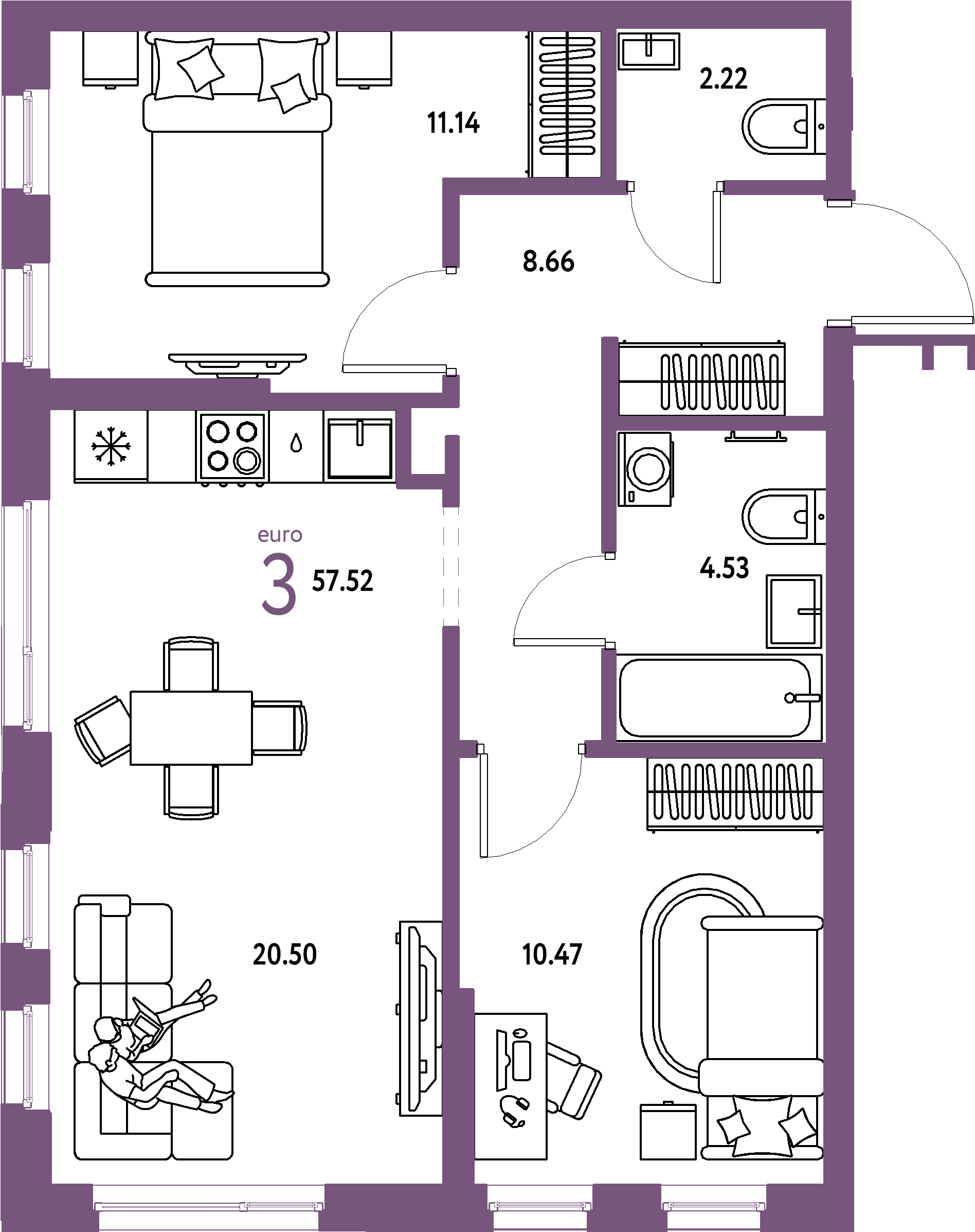 Купить 3-комнатную квартиру 57.52м², этаж №13 кв №132 в ЖК 