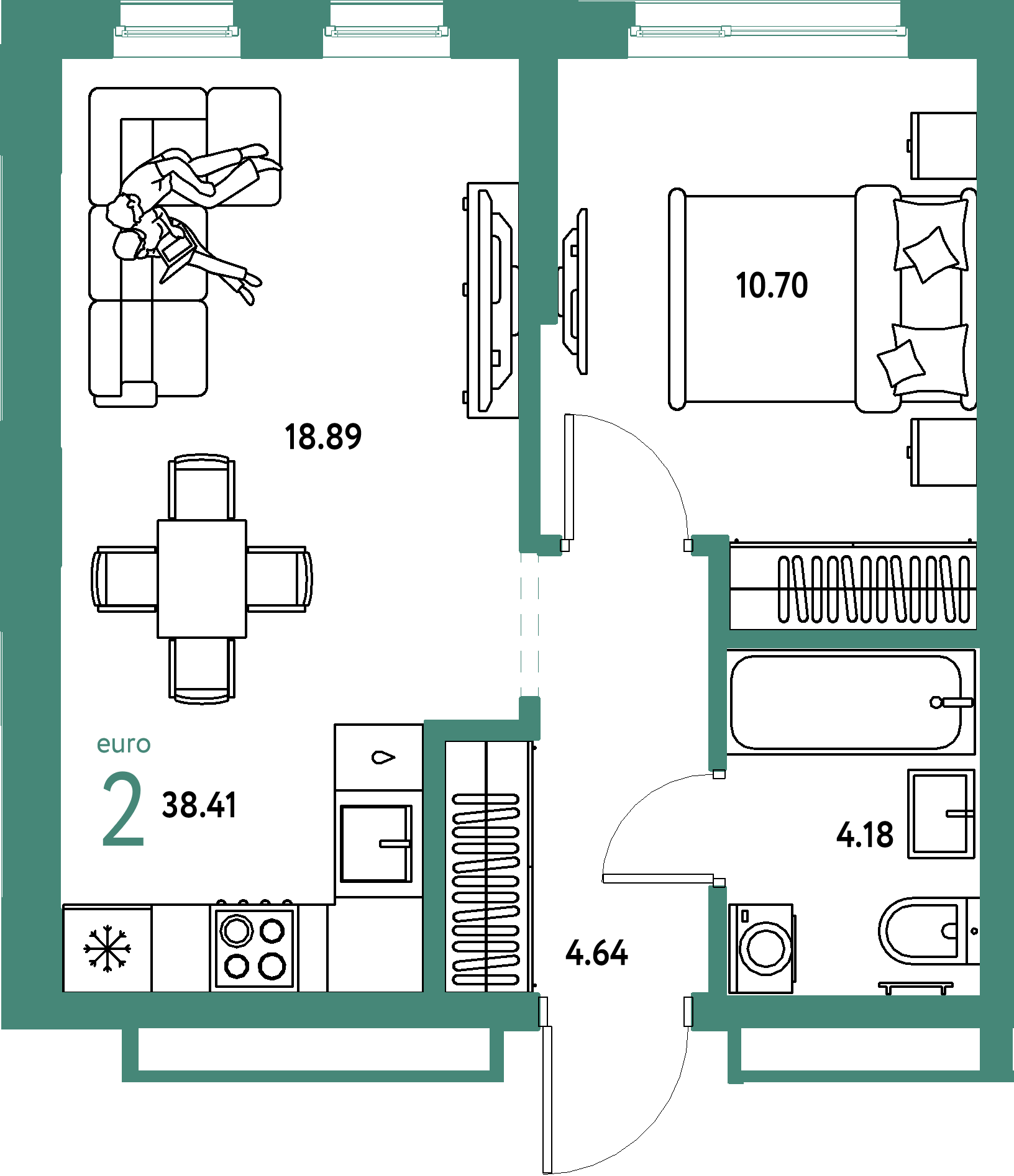 ЖК "Домашний"-2-комнатная 38.41 м²