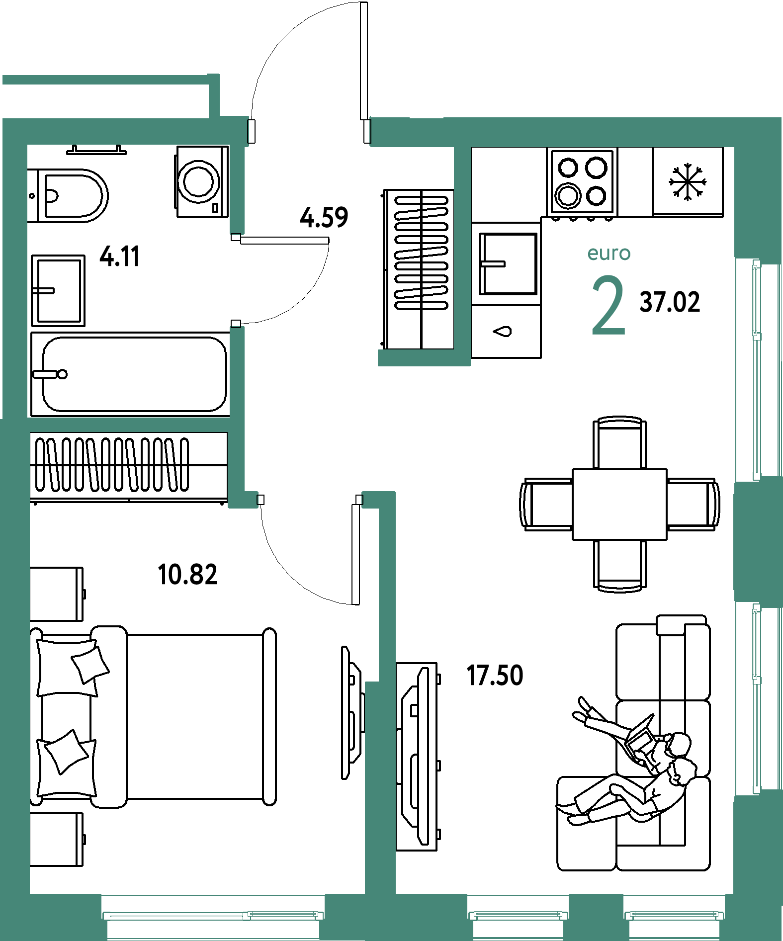 ЖК "Домашний"-2-комнатная 37.02 м²