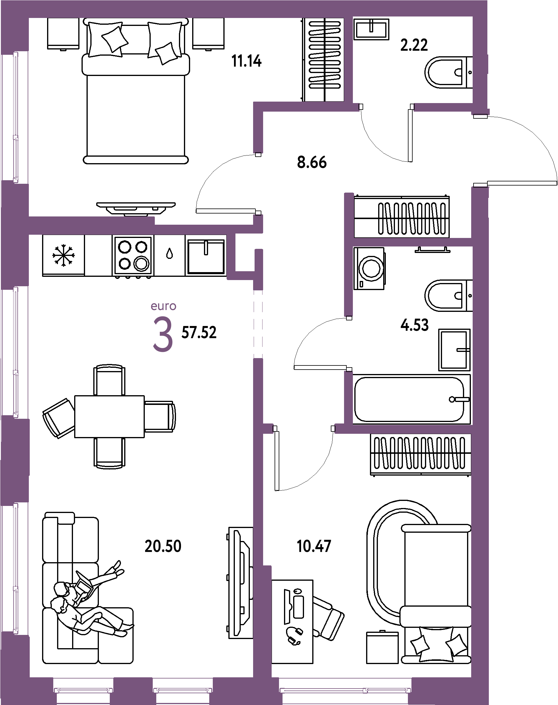 Купить 3-комнатную квартиру 57.52м², этаж №14 кв №143 в ЖК 