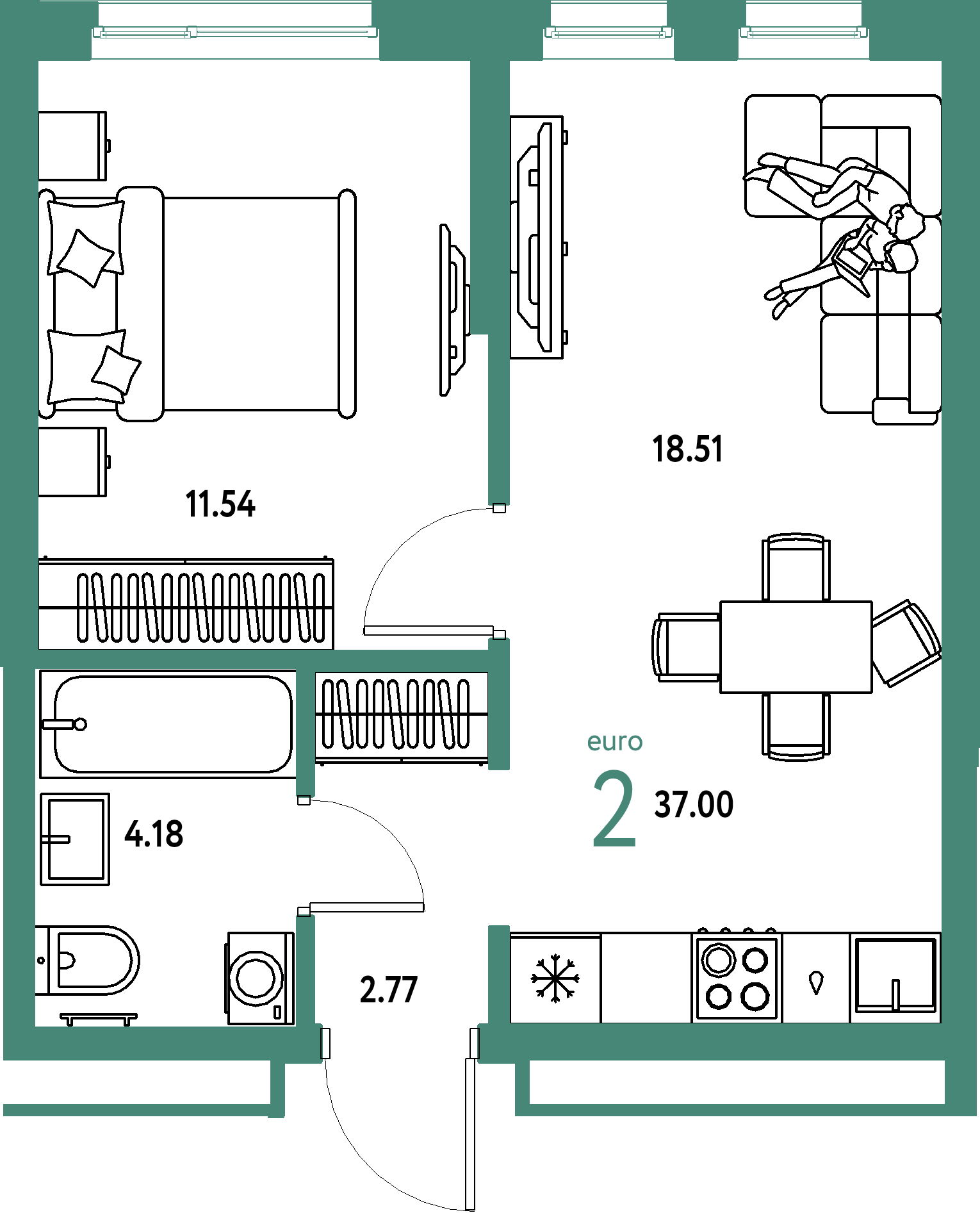 ЖК "Домашний"-2-комнатная 37 м²
