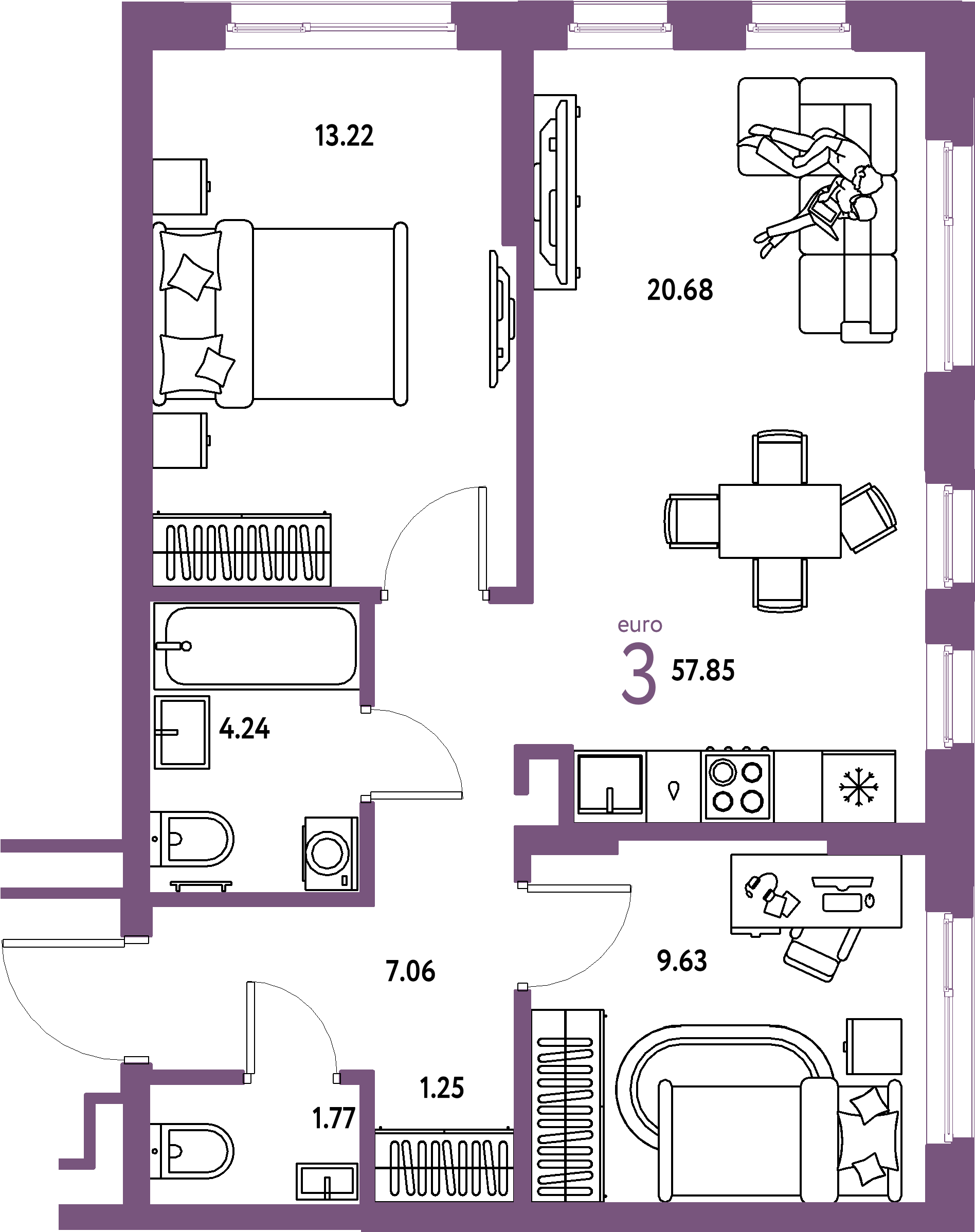 ЖК "Домашний"-3-комнатная 57.85 м²
