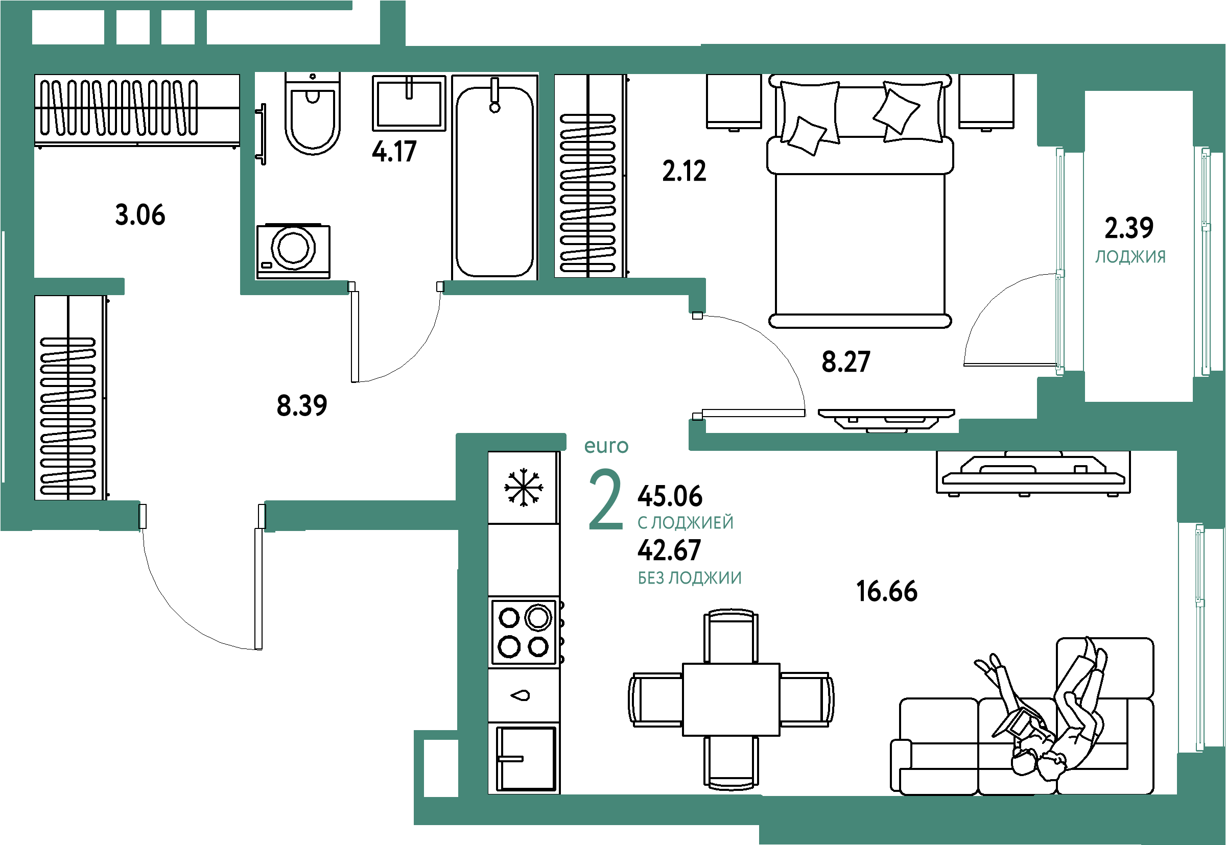 Купить 2-комнатную квартиру 45.06м², этаж №15 кв №149 в ЖК 