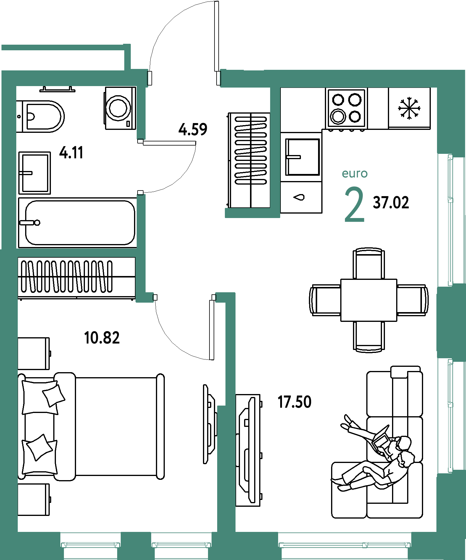 ЖК "Домашний"-2-комнатная 37.02 м²