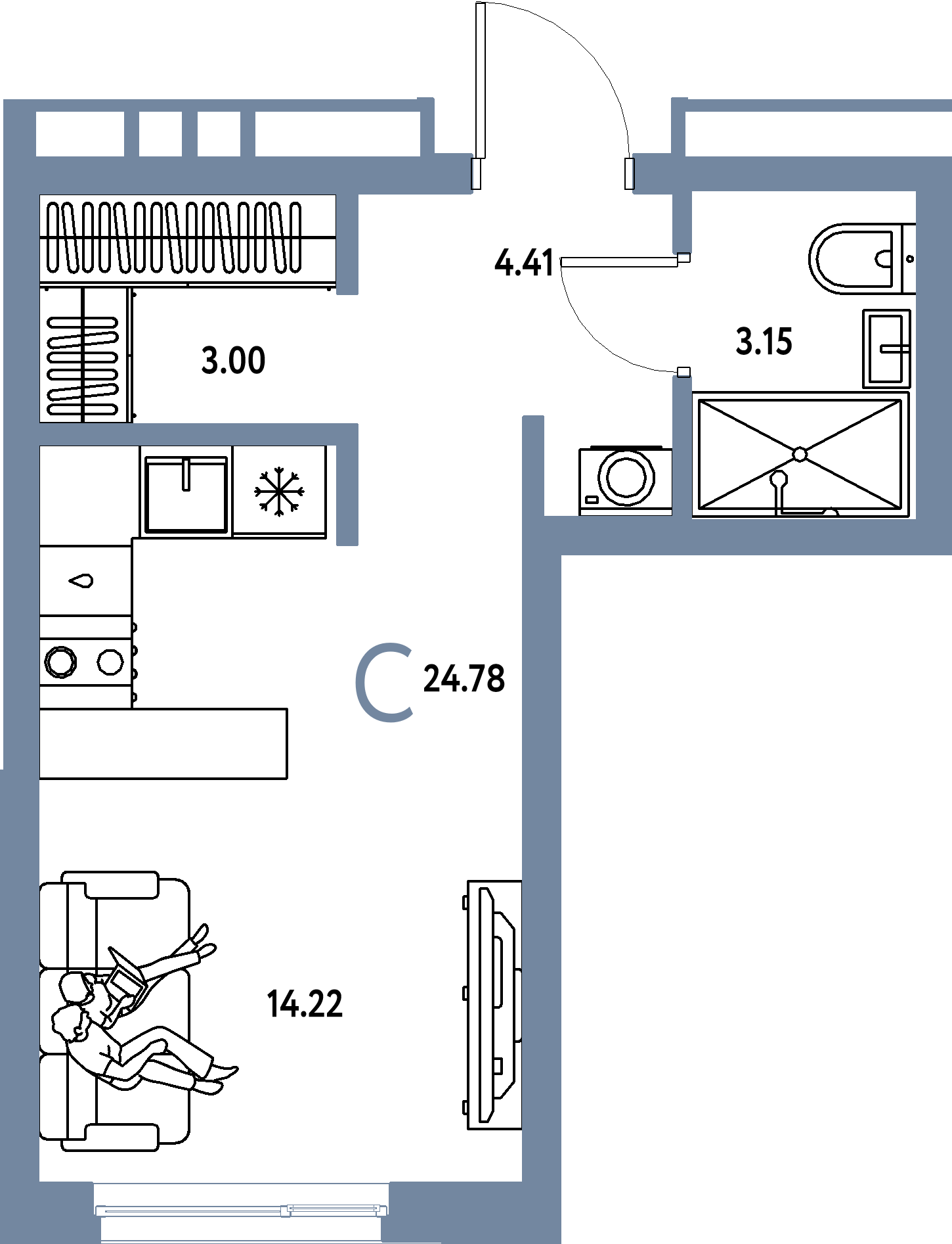 Купить Студию 24.78м², этаж №15 кв №153 в ЖК 