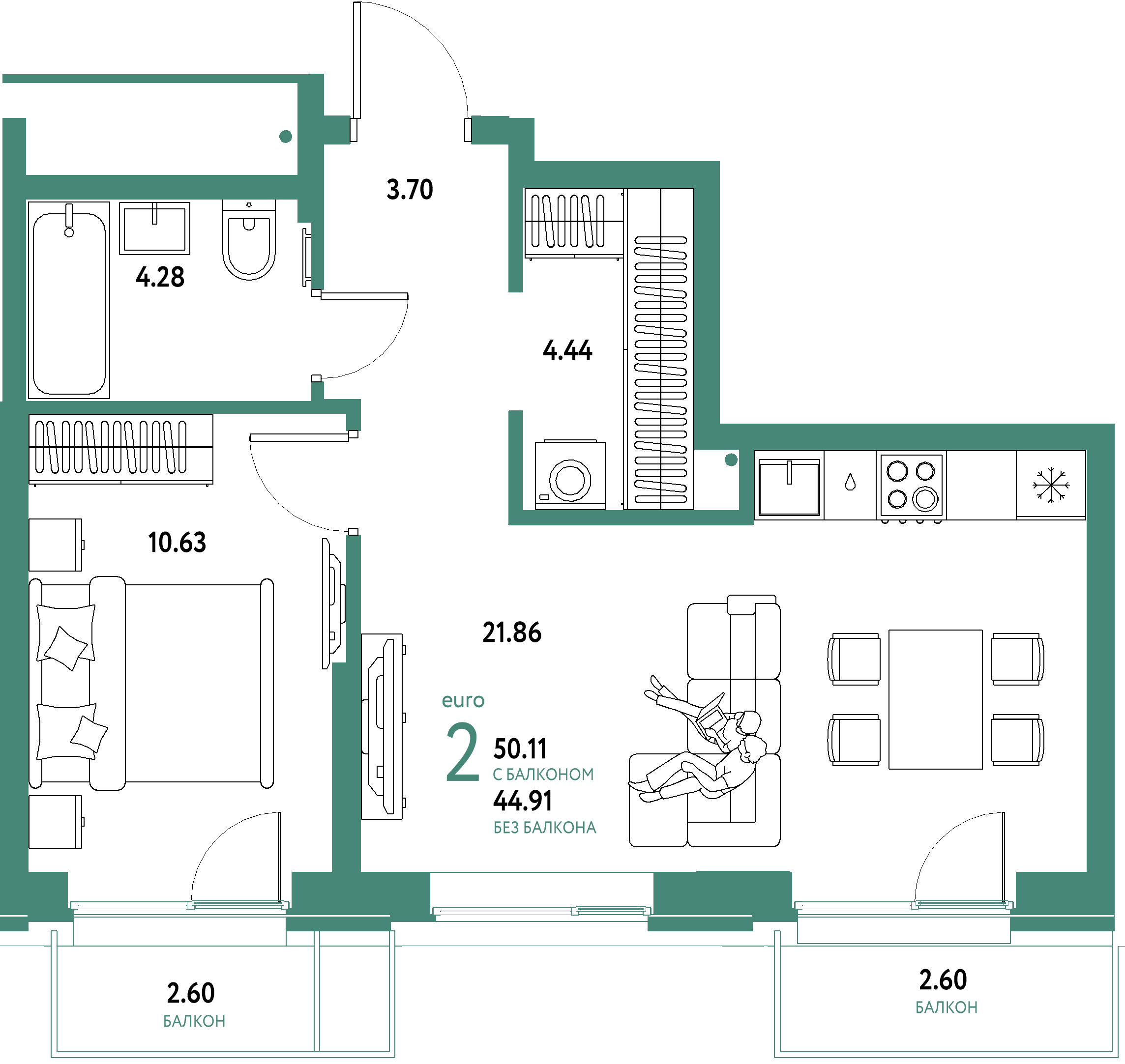 ЖК "Домашний"-2-комнатная 50.11 м²
