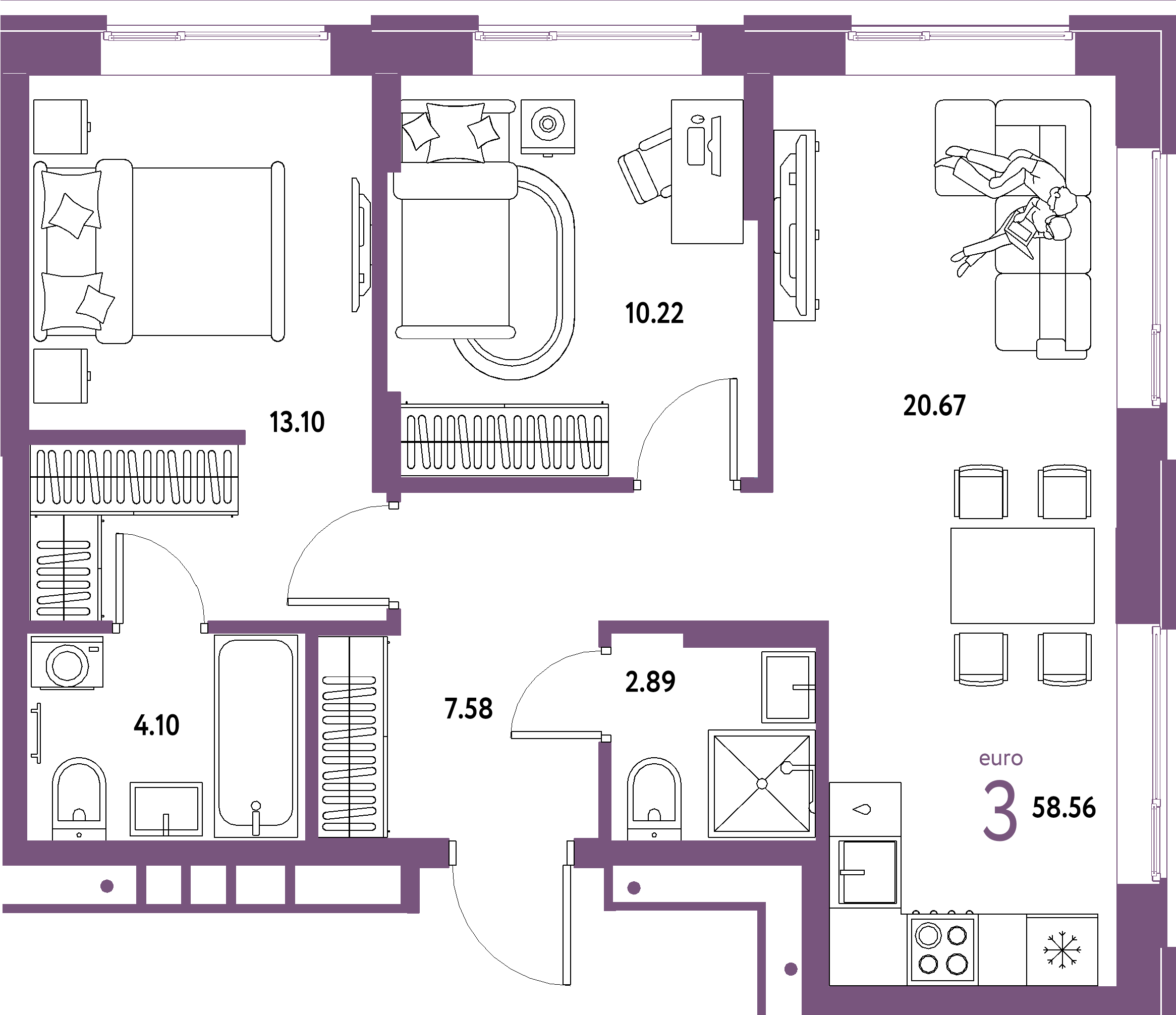 ЖК "Домашний"-3-комнатная 58.56 м²