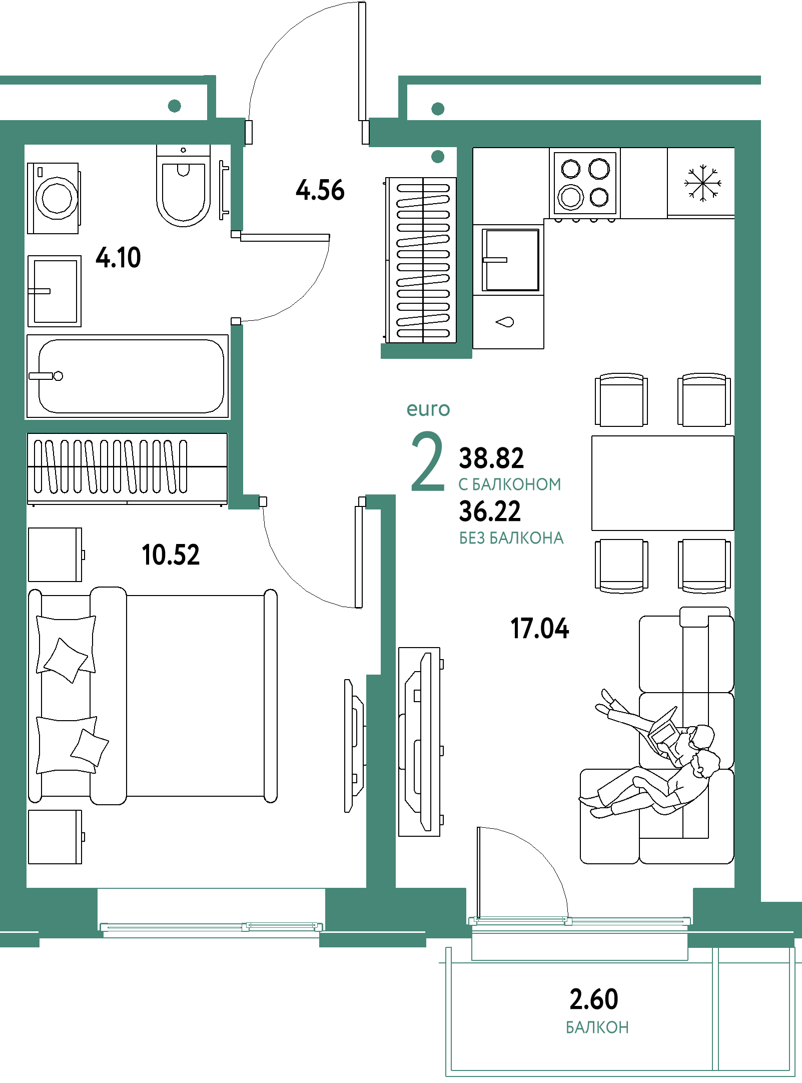 Купить 2-комнатную квартиру 38.82м², этаж №2 кв №163 в ЖК 