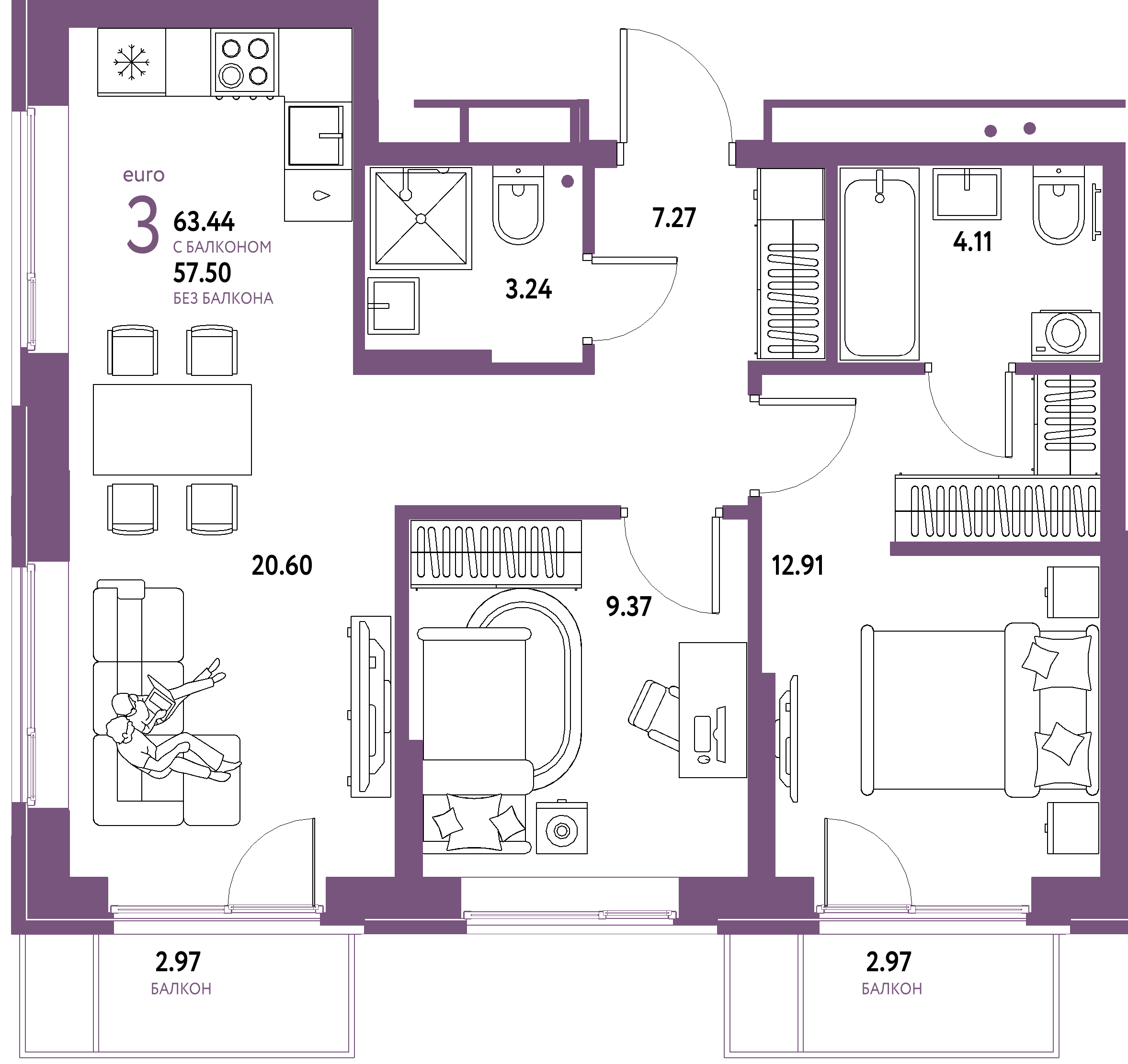 Купить 3-комнатную квартиру 63.44м², этаж №3 кв №166 в ЖК 