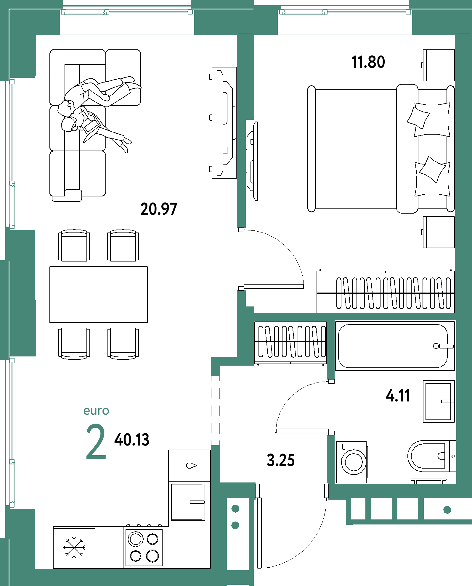 ЖК "Домашний"-2-комнатная 40.13 м²