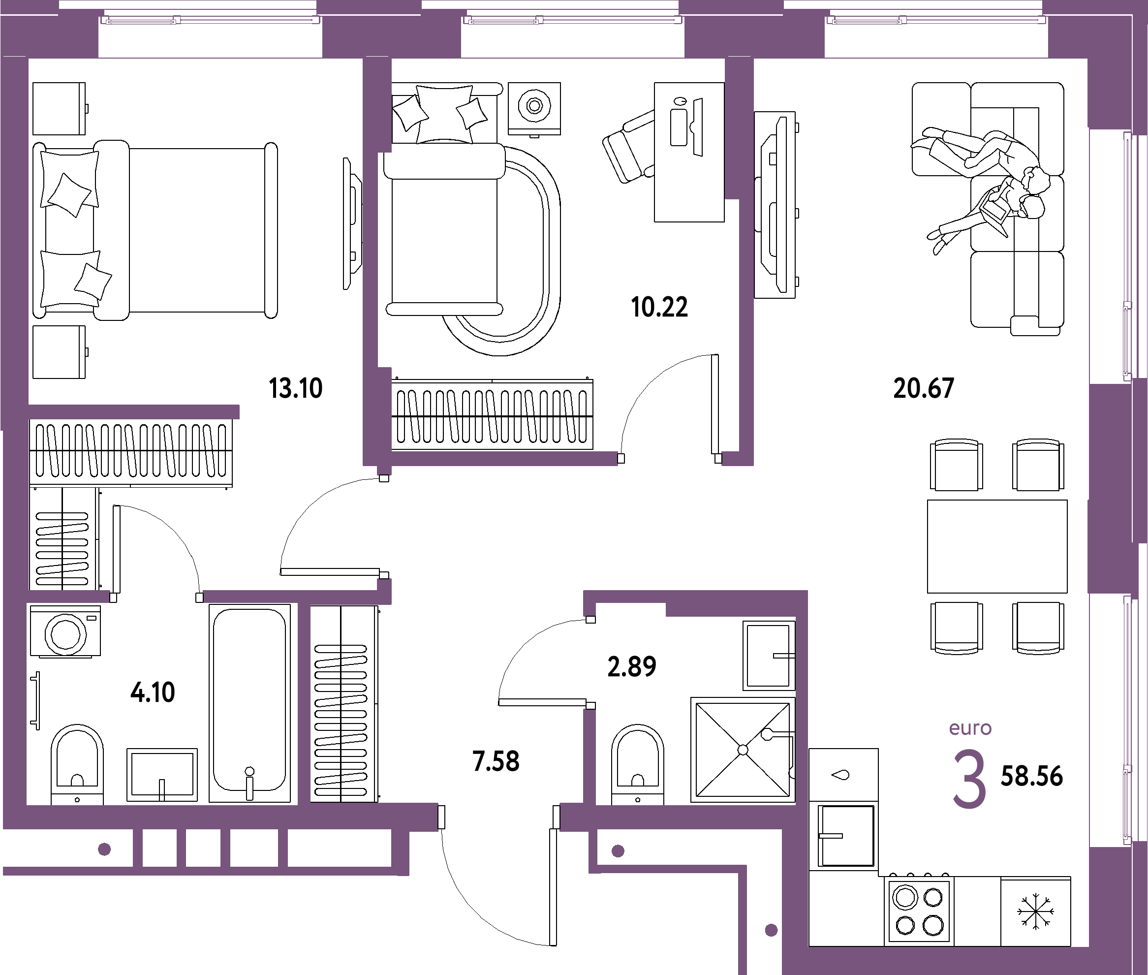 Купить 3-комнатную квартиру 58.56м², этаж №3 кв №171 в ЖК 