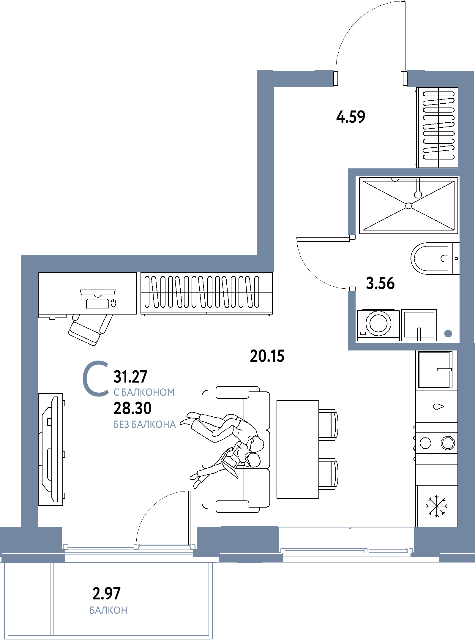 Купить Студию 31.27м², этаж №3 кв №174 в ЖК 