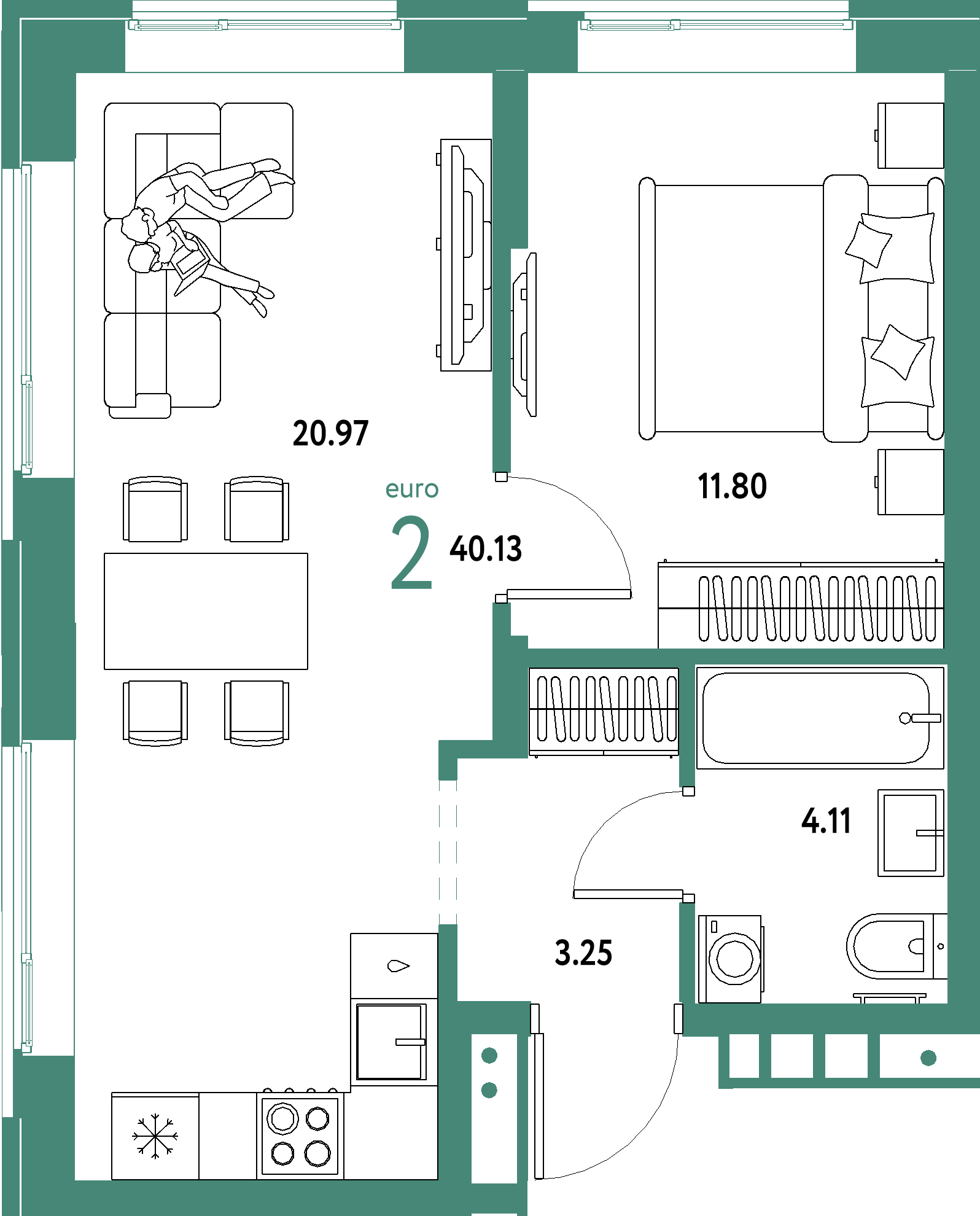 ЖК "Домашний"-2-комнатная 40.13 м²