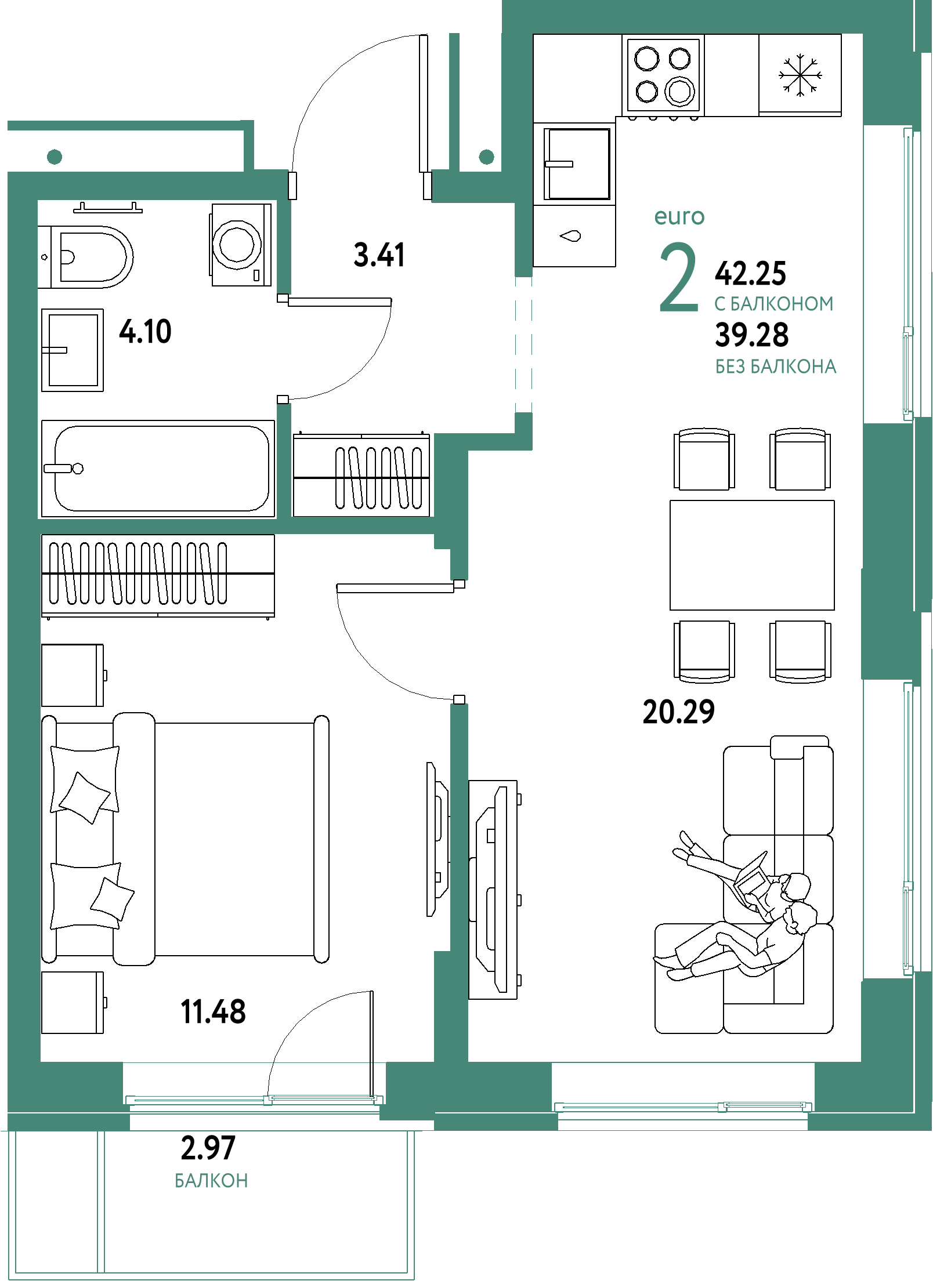 ЖК "Домашний"-2-комнатная 42.25 м²