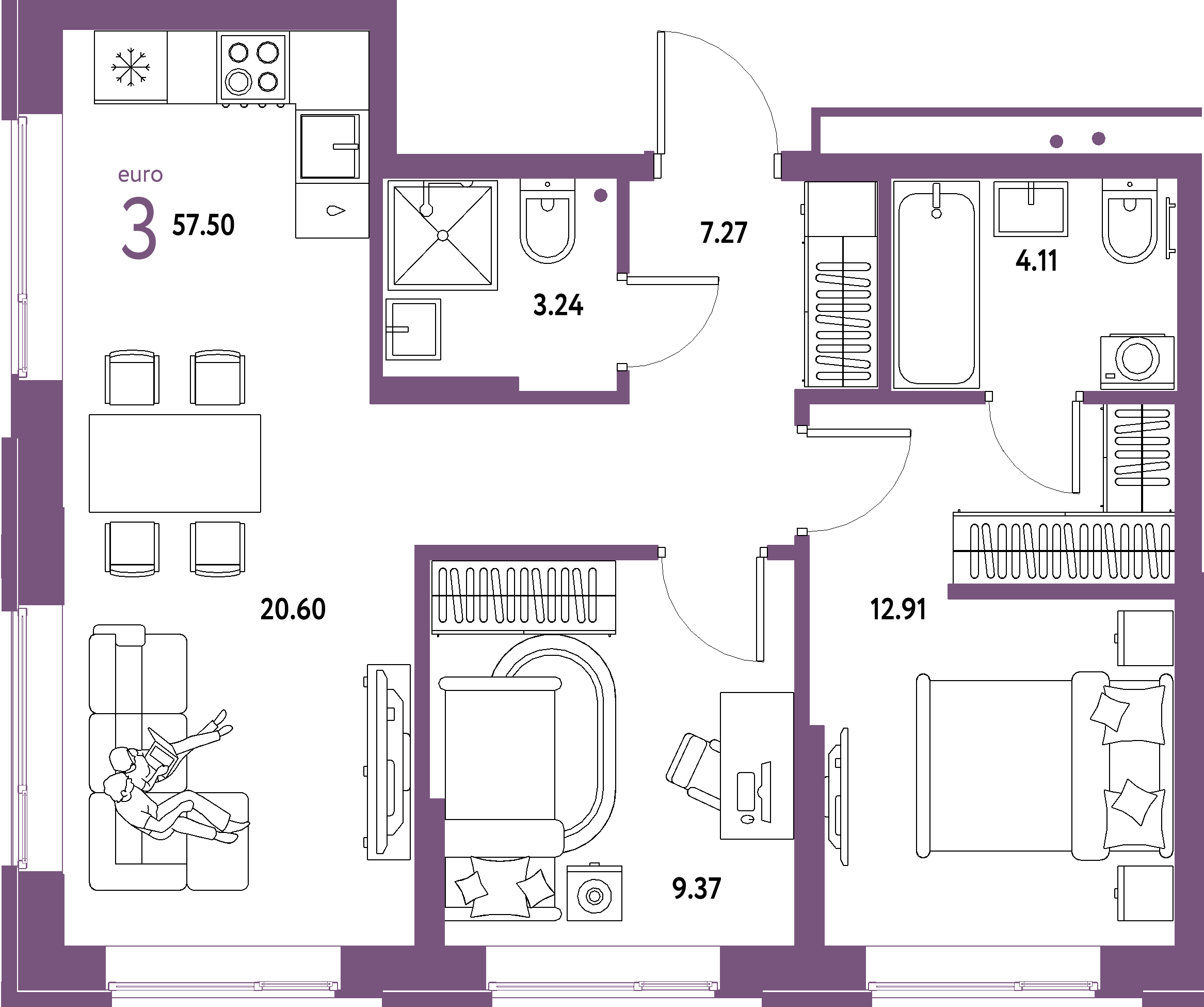 Купить 3-комнатную квартиру 57.5м², этаж №6 кв №196 в ЖК 