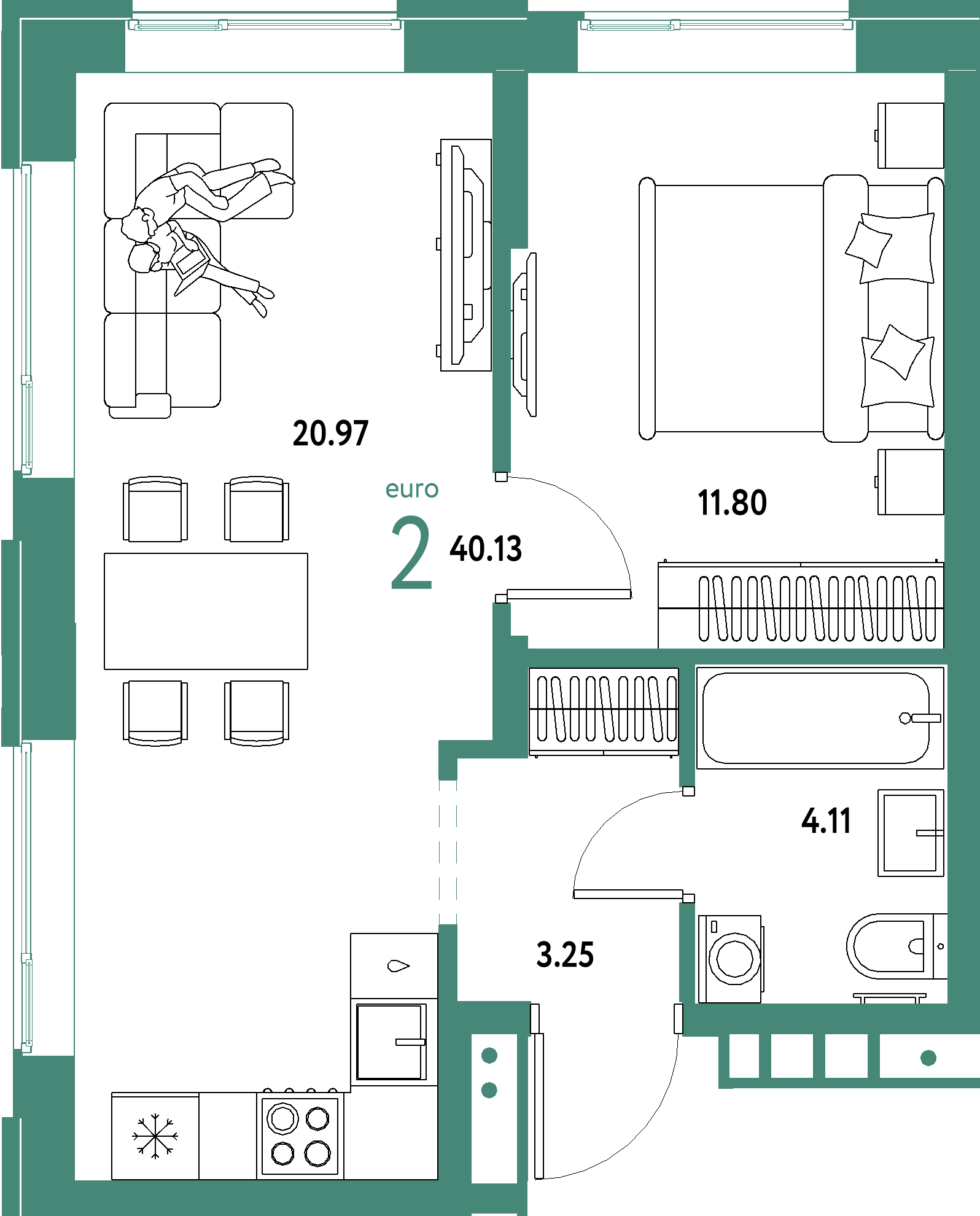 ЖК "Домашний"-2-комнатная 40.13 м²