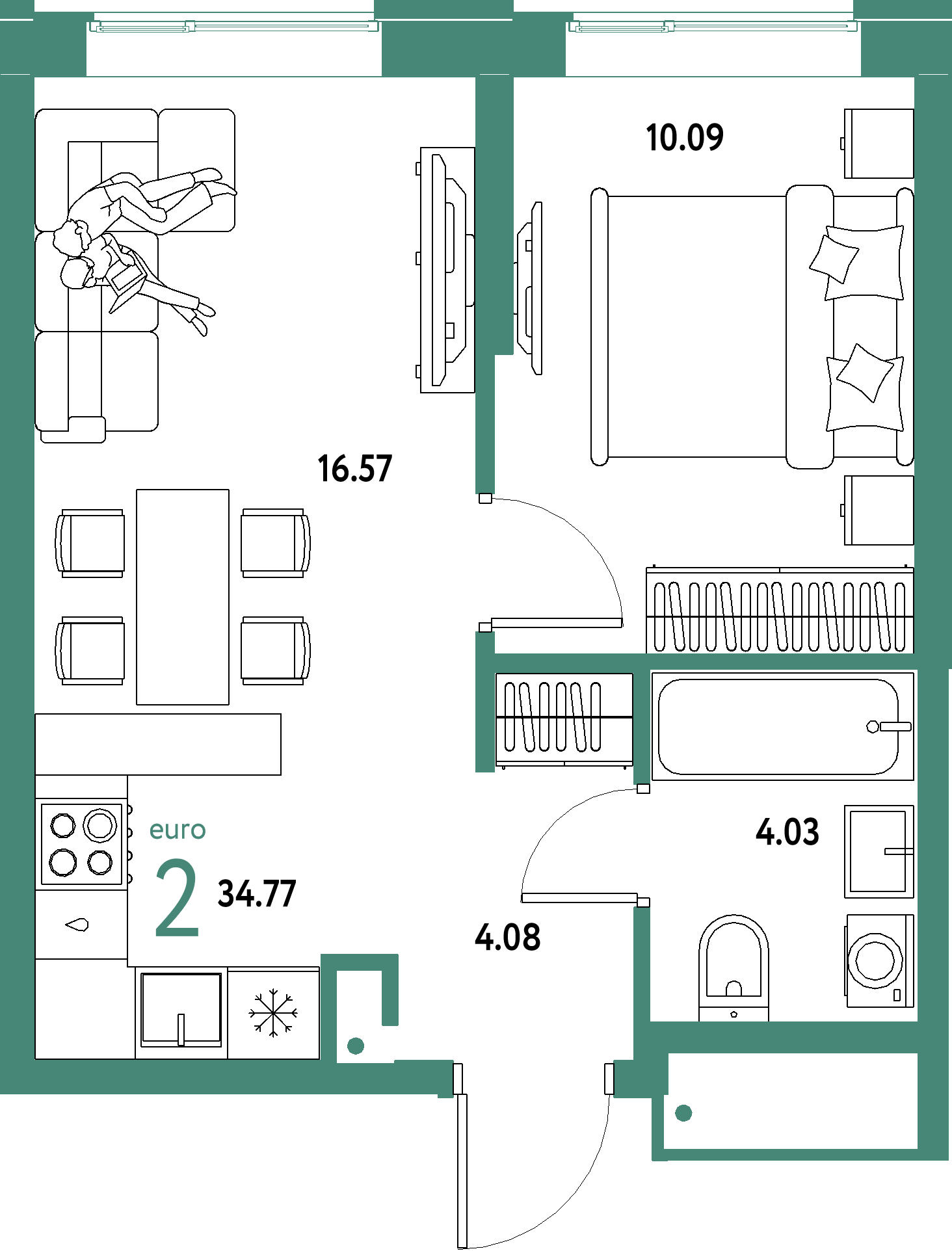 ЖК "Домашний"-2-комнатная 34.77 м²
