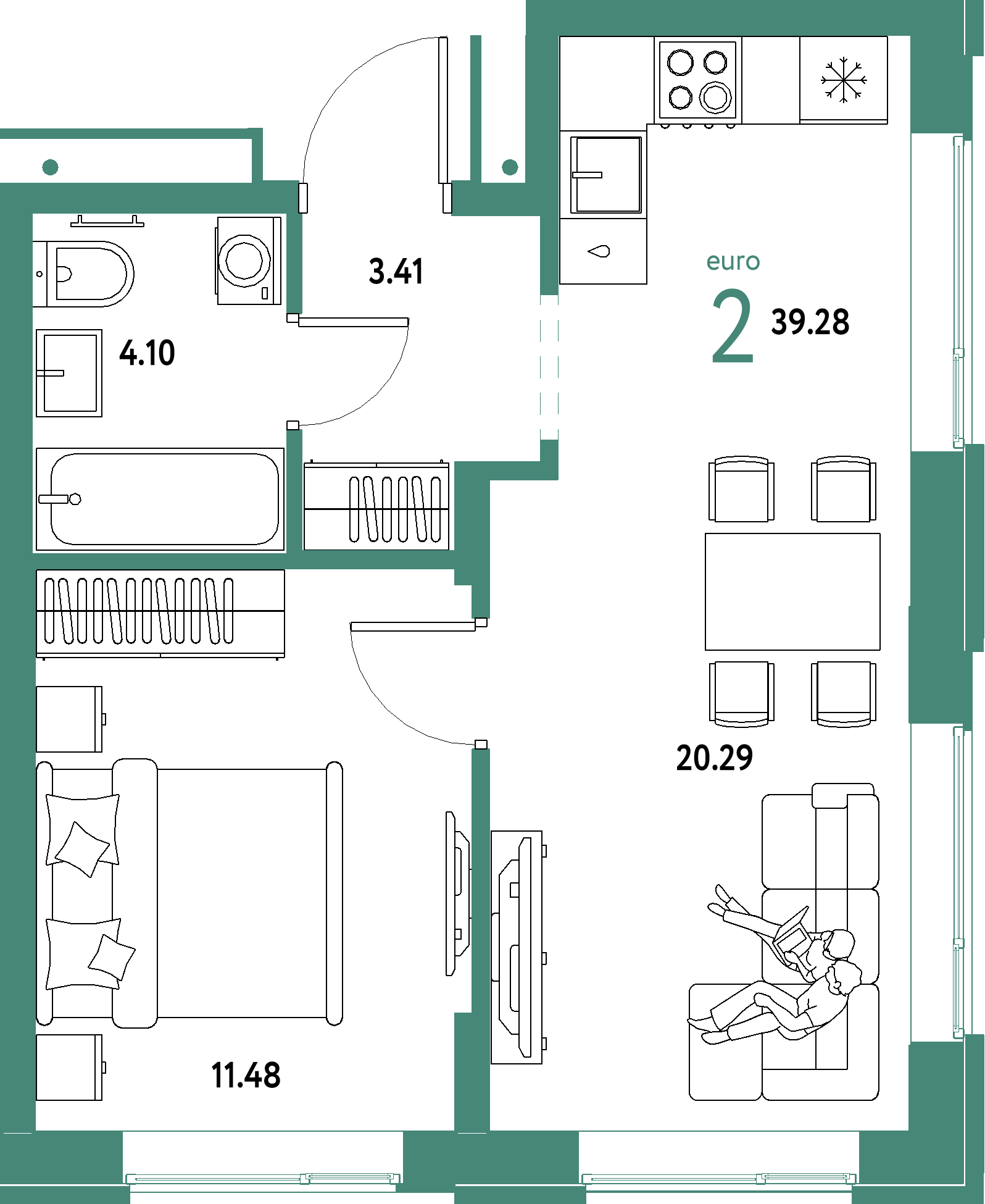 ЖК "Домашний"-2-комнатная 39.28 м²