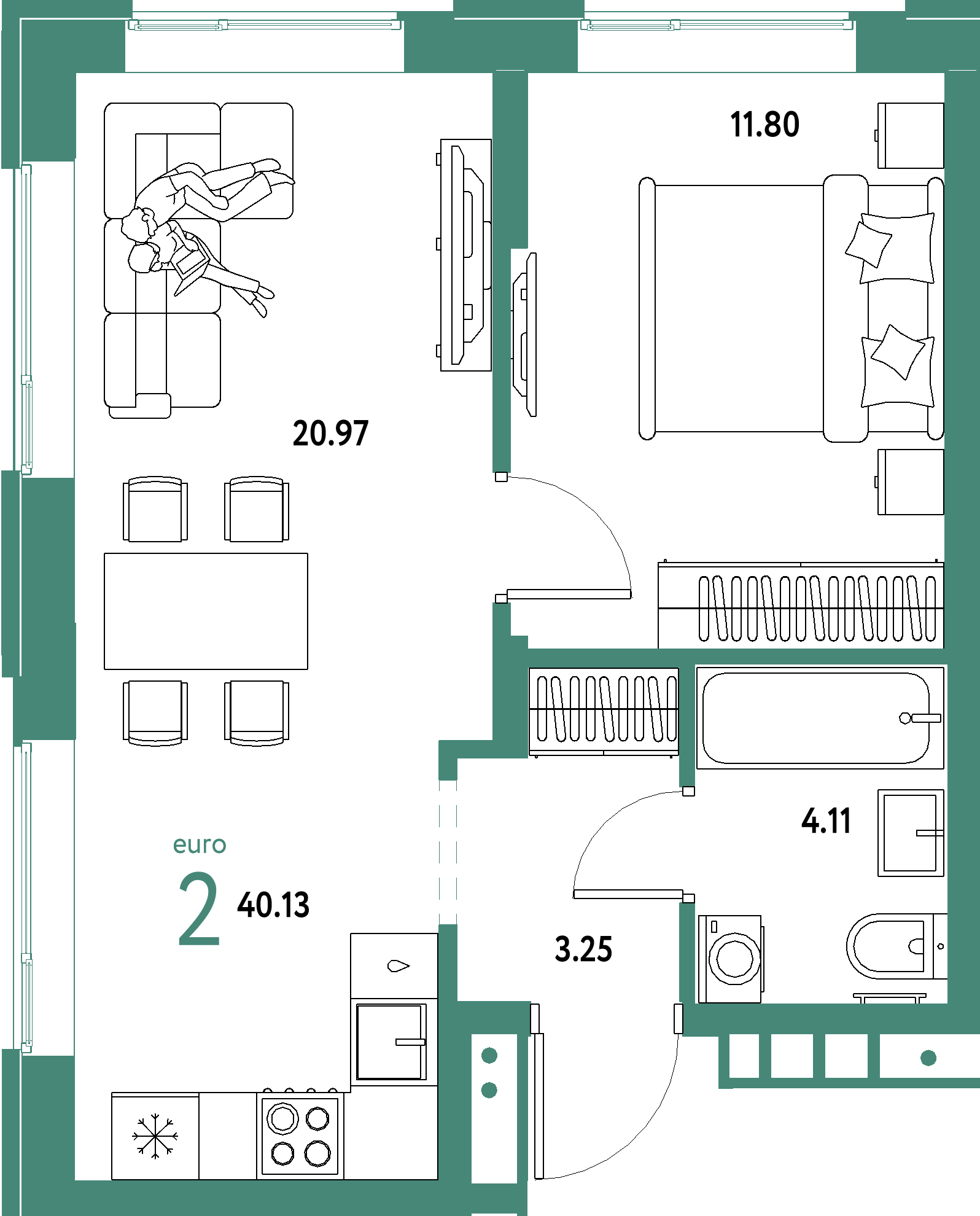 ЖК "Домашний"-2-комнатная 40.13 м²