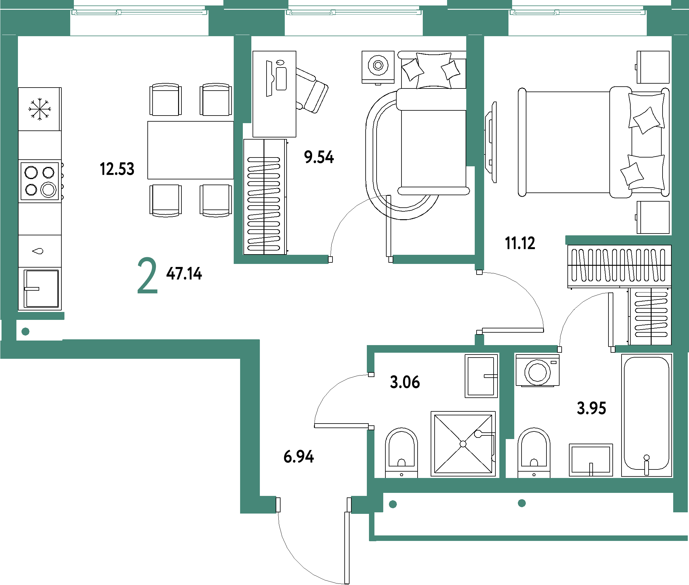 ЖК "Домашний"-2-комнатная 47.14 м²