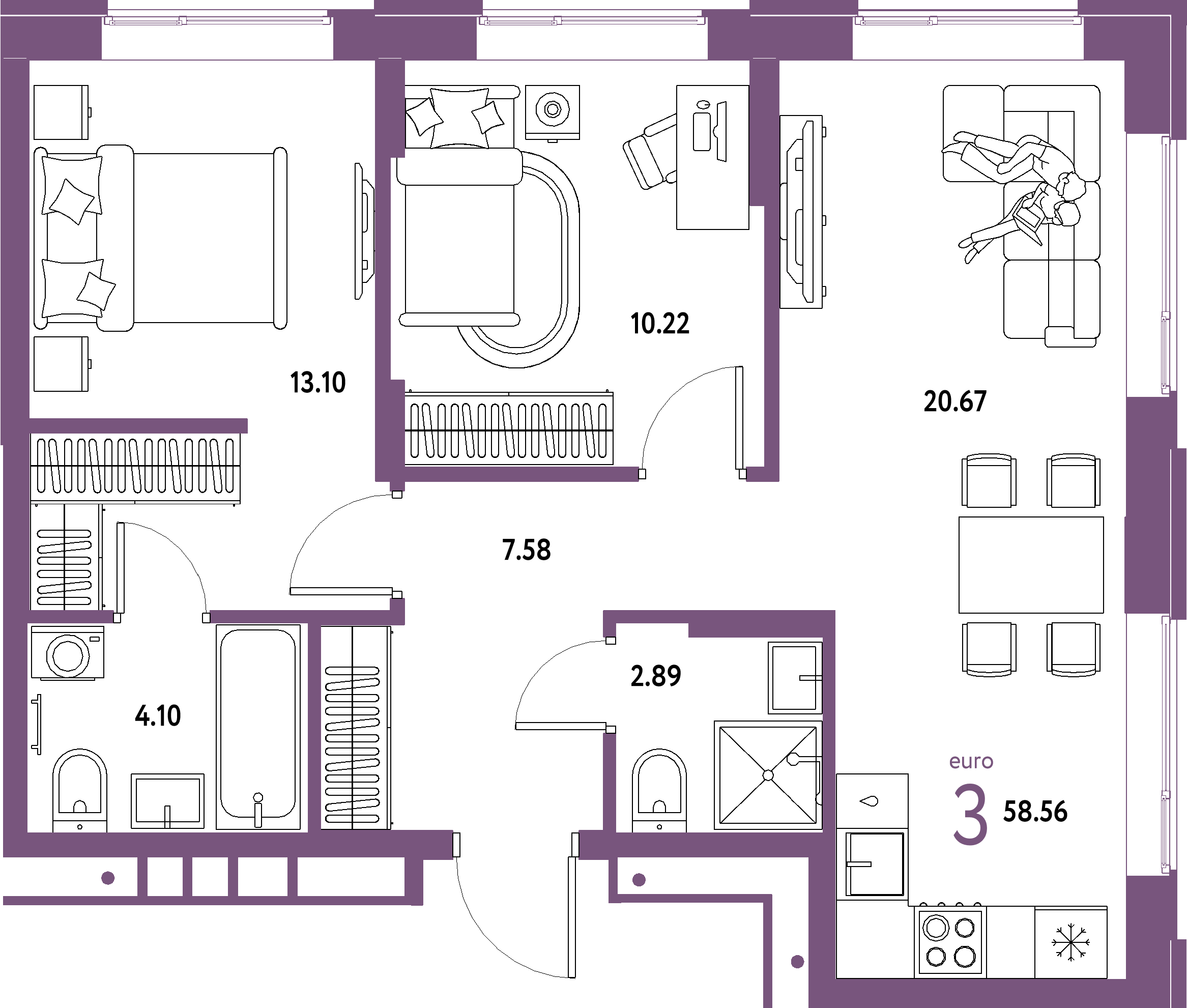 Купить 3-комнатную квартиру 58.56м², этаж №8 кв №221 в ЖК 