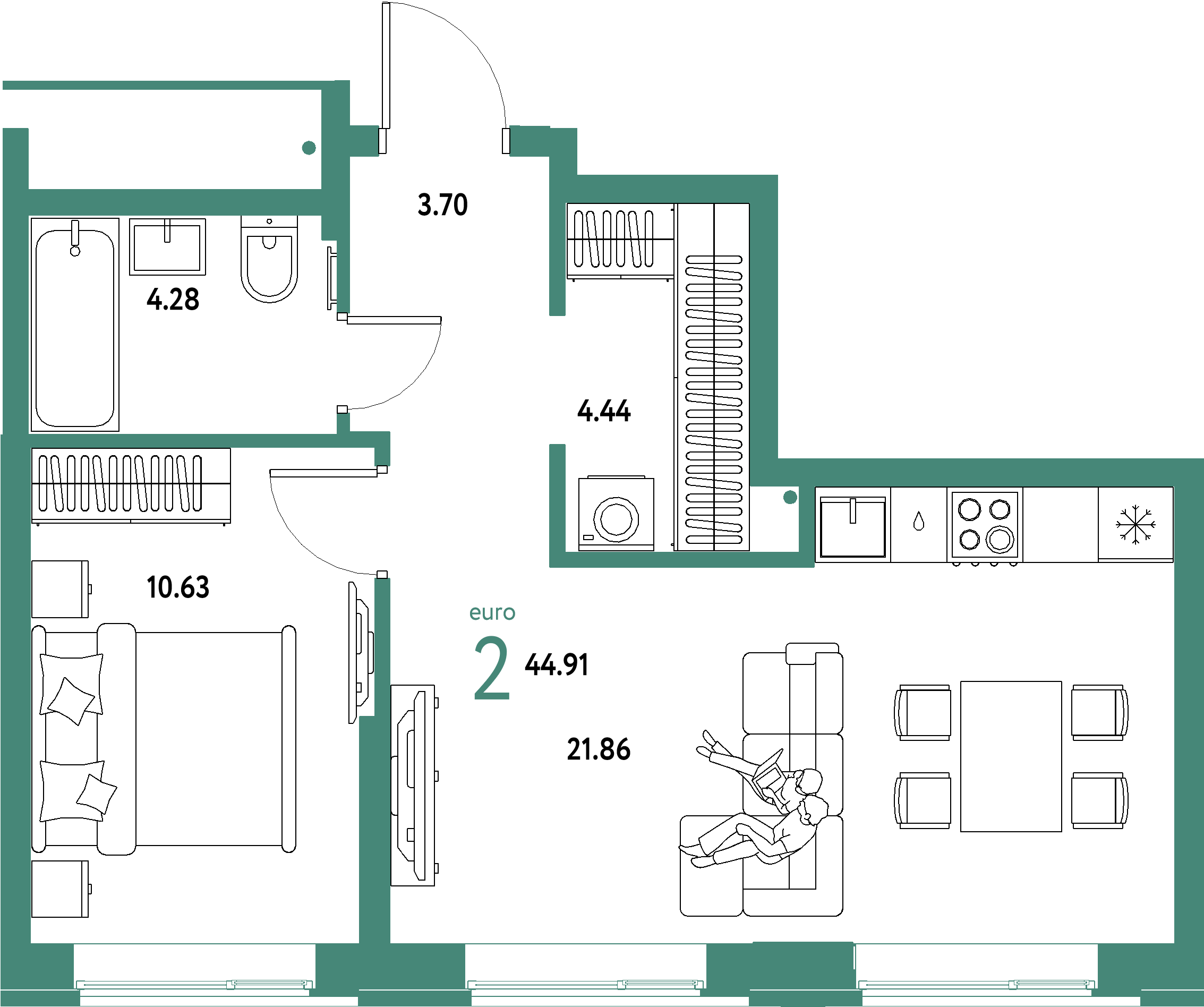 Купить 2-комнатную квартиру 44.91м², этаж №9 кв №225 в ЖК 