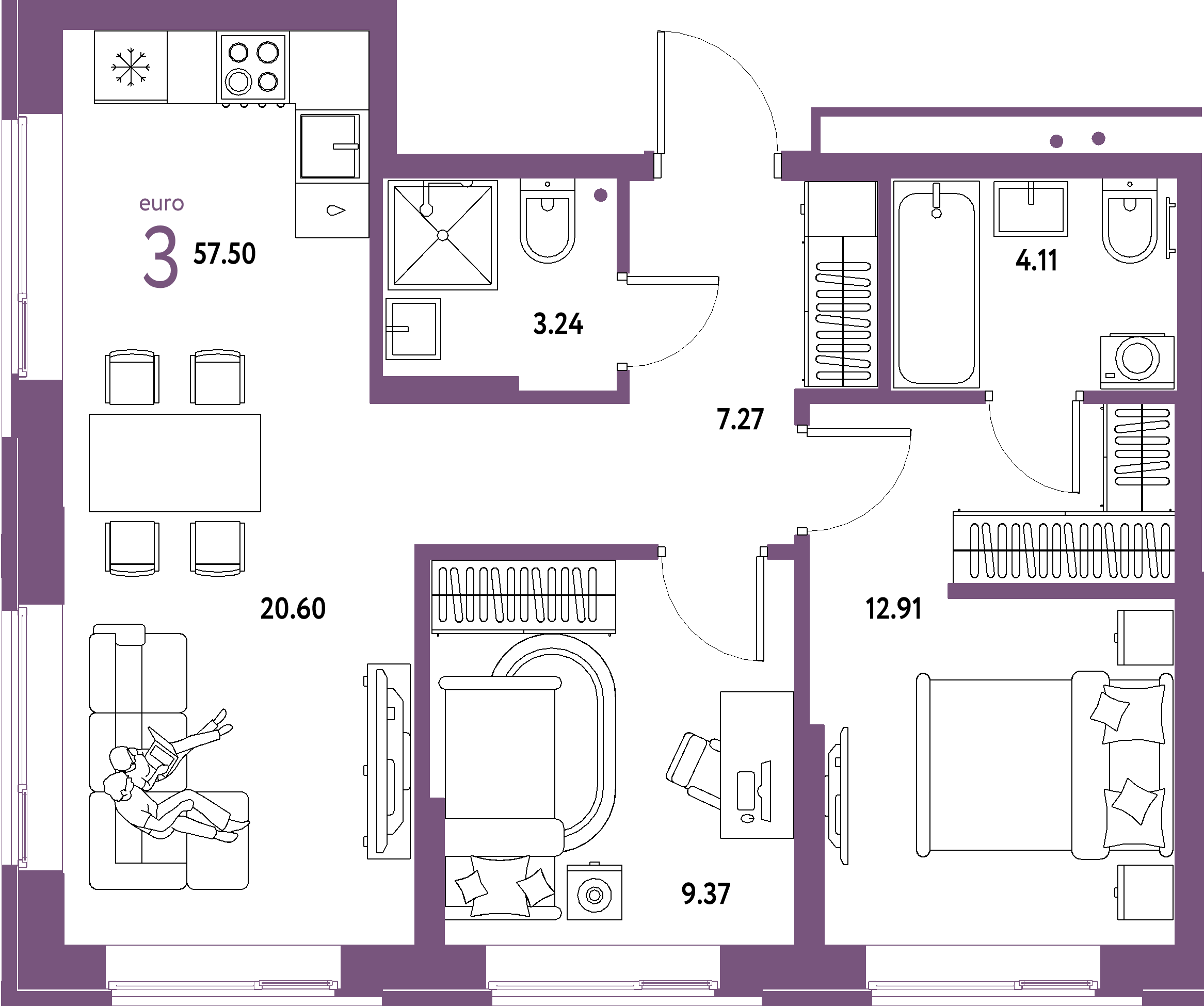 ЖК "Домашний"-3-комнатная 57.5 м²