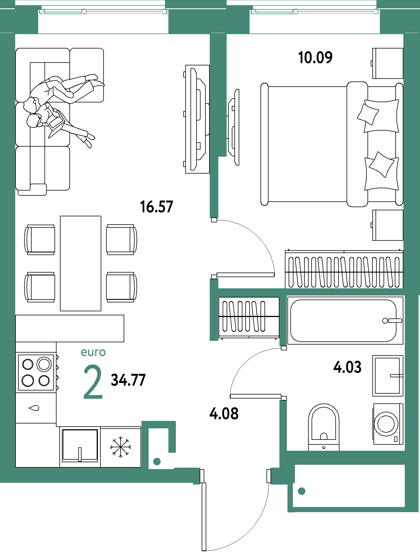 ЖК "Домашний"-2-комнатная 34.77 м²