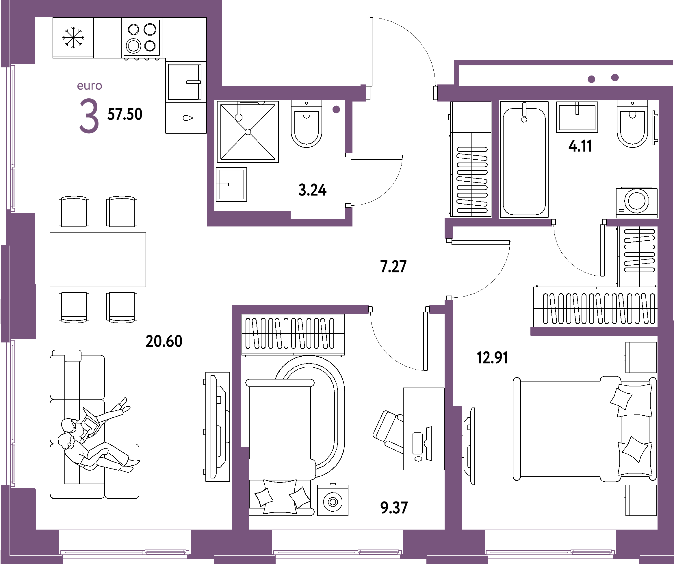 ЖК "Домашний"-3-комнатная 57.5 м²