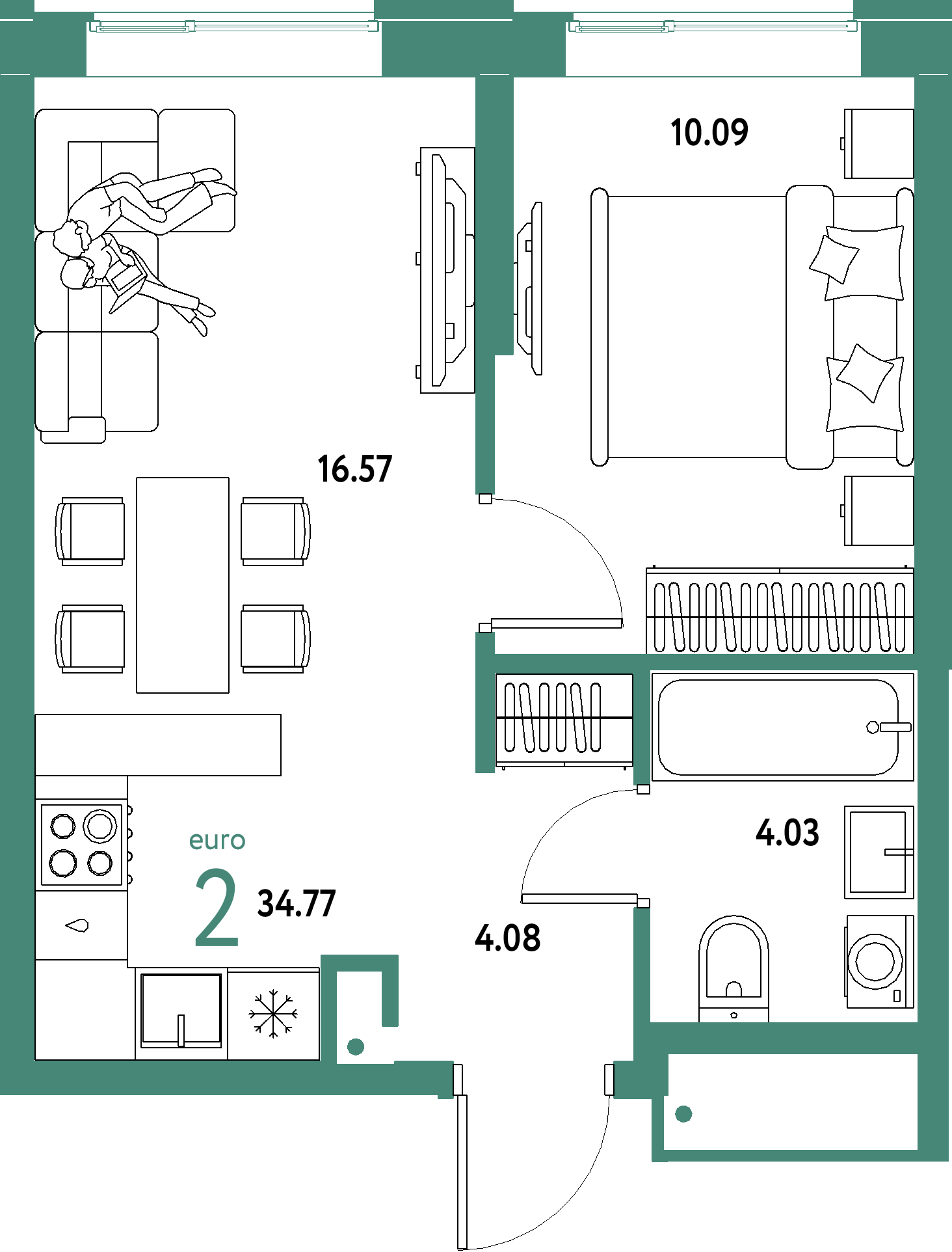 ЖК "Домашний"-2-комнатная 34.77 м²