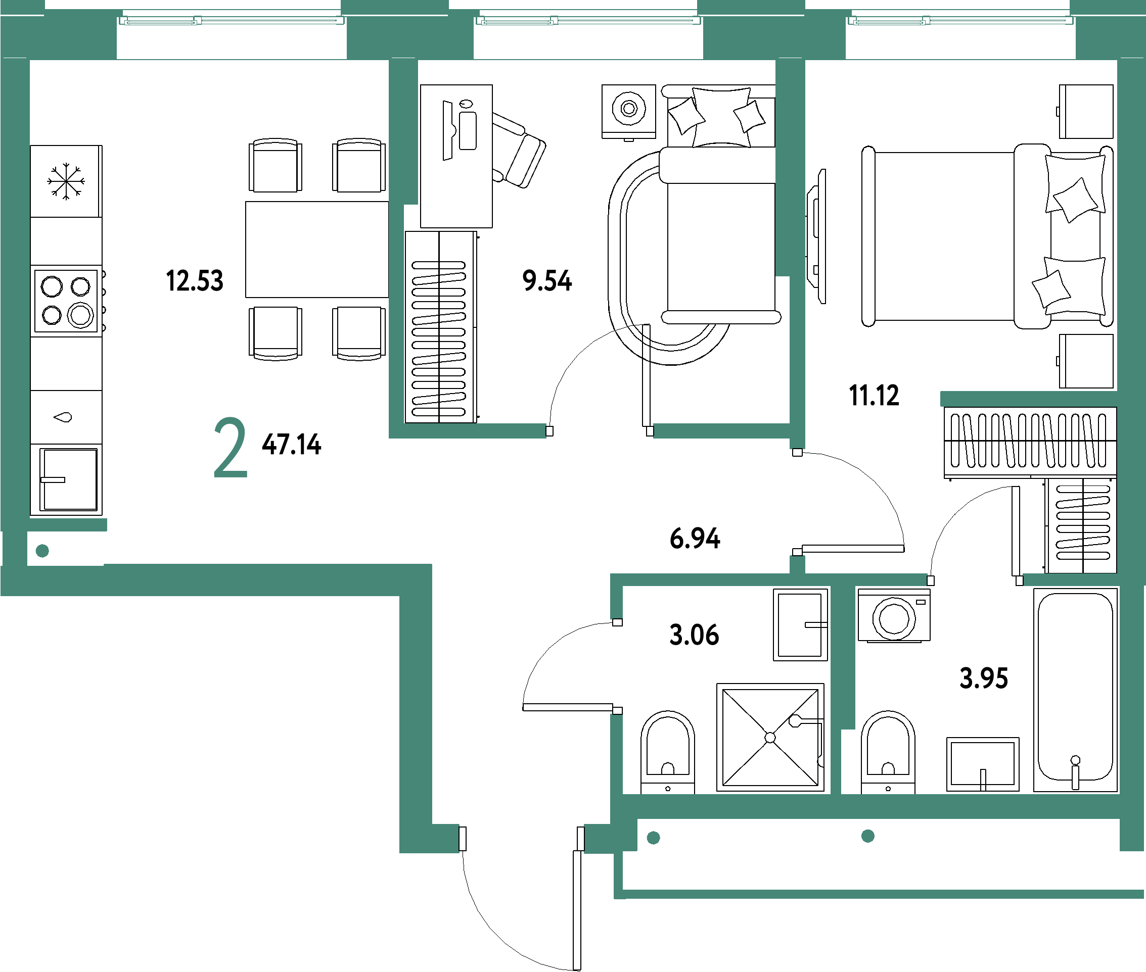 ЖК "Домашний"-2-комнатная 47.14 м²